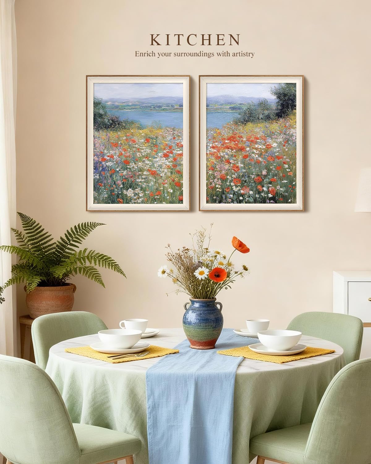 VIYYIEA Framed Impressionist Wildflower Wall Art Set of 2, Pastoral Poppies Landscape Canvas Painting Print, Vintage Nature Scenic Decor for Living Room Bedroom Office, 16x20 Inch