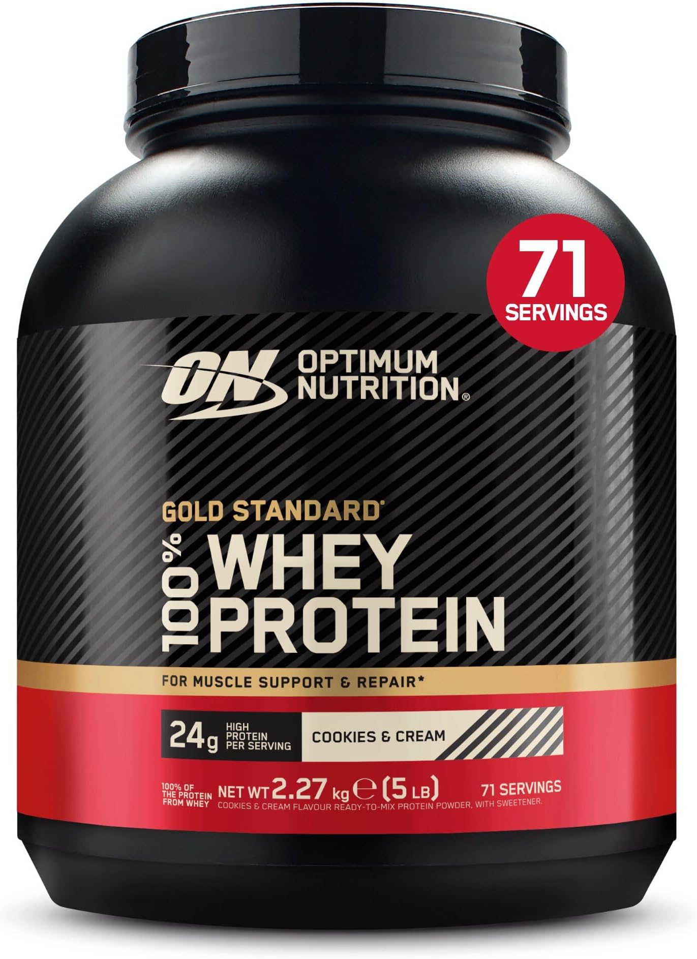 Optimum Nutrition Gold Standard Whey Protein Powder, Cookies and Cream, 71 Servings, 2.27kg