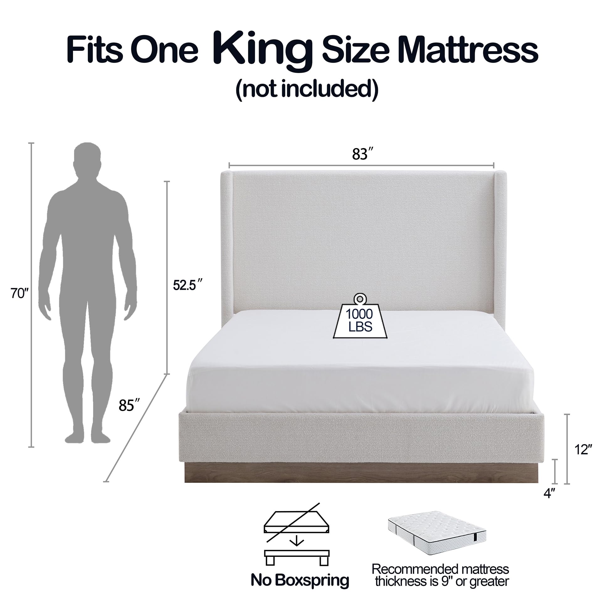 Condition photo showing New/Like New for king size upholstered platform bed frame, 52.5" tall headboard hosford wingback bedframes, wood base floor beds, no box spring needed, no noise, minimalist, textured ivory canvas