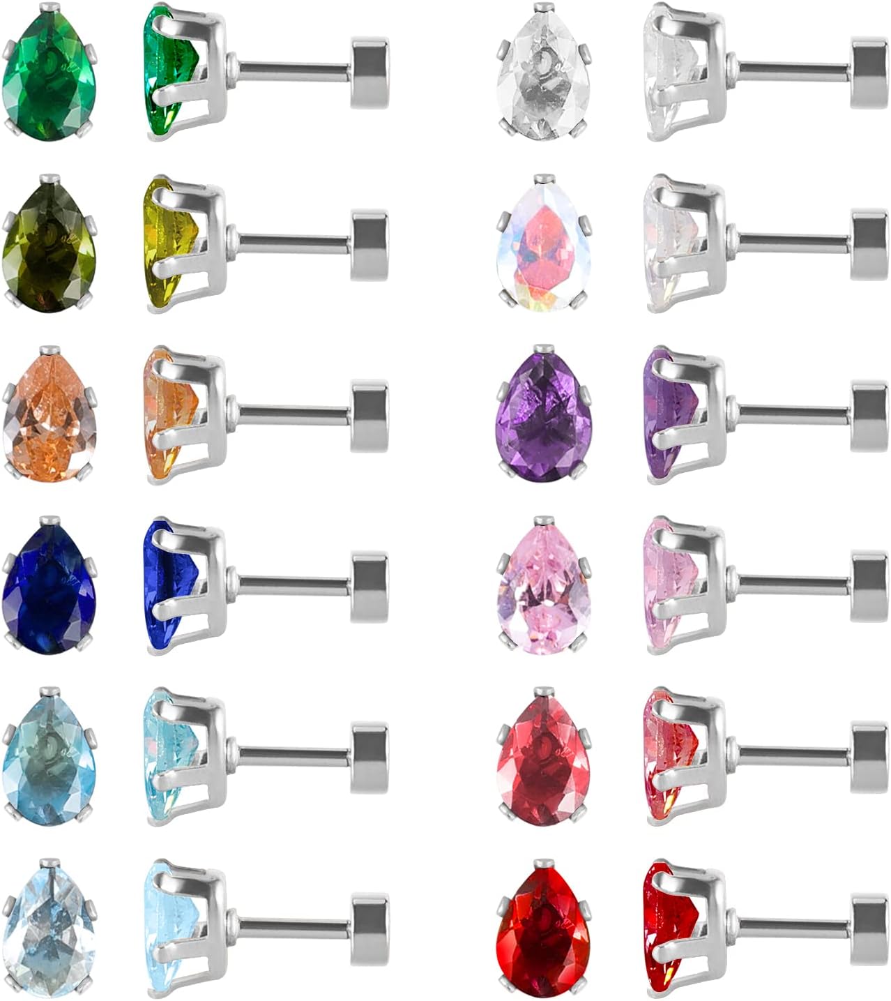 12 Pairs Surgical Stainless Steel Flat Back Screw Back Round Heart Star Square Teardrop Cubic Zirconia Birthstone Stud Earrings Set for Women