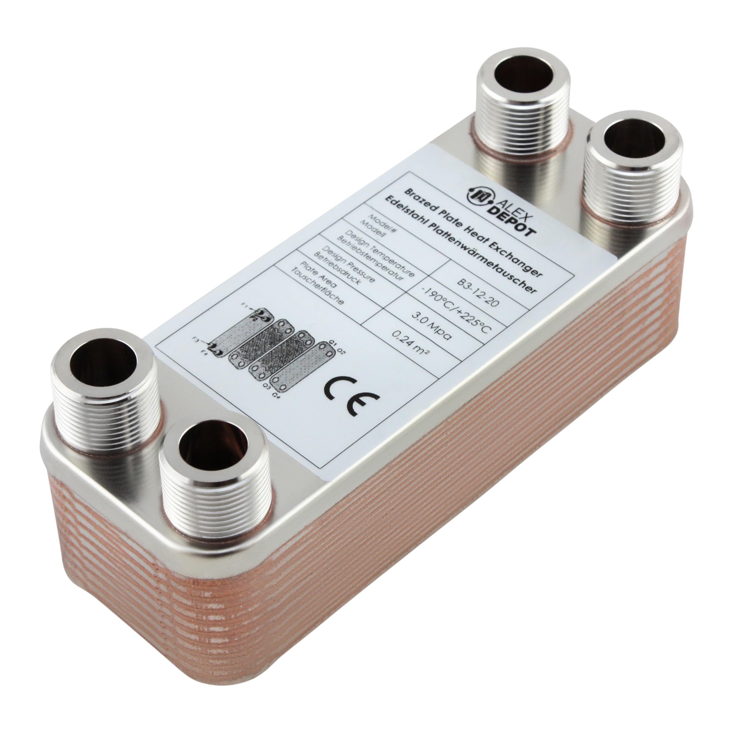 Intercambiador de calor de placas de acero inoxidable B3-12-20 con conexión de 4 x 3/4 pulgadas Calefacción solar de 45 kW (PWT)