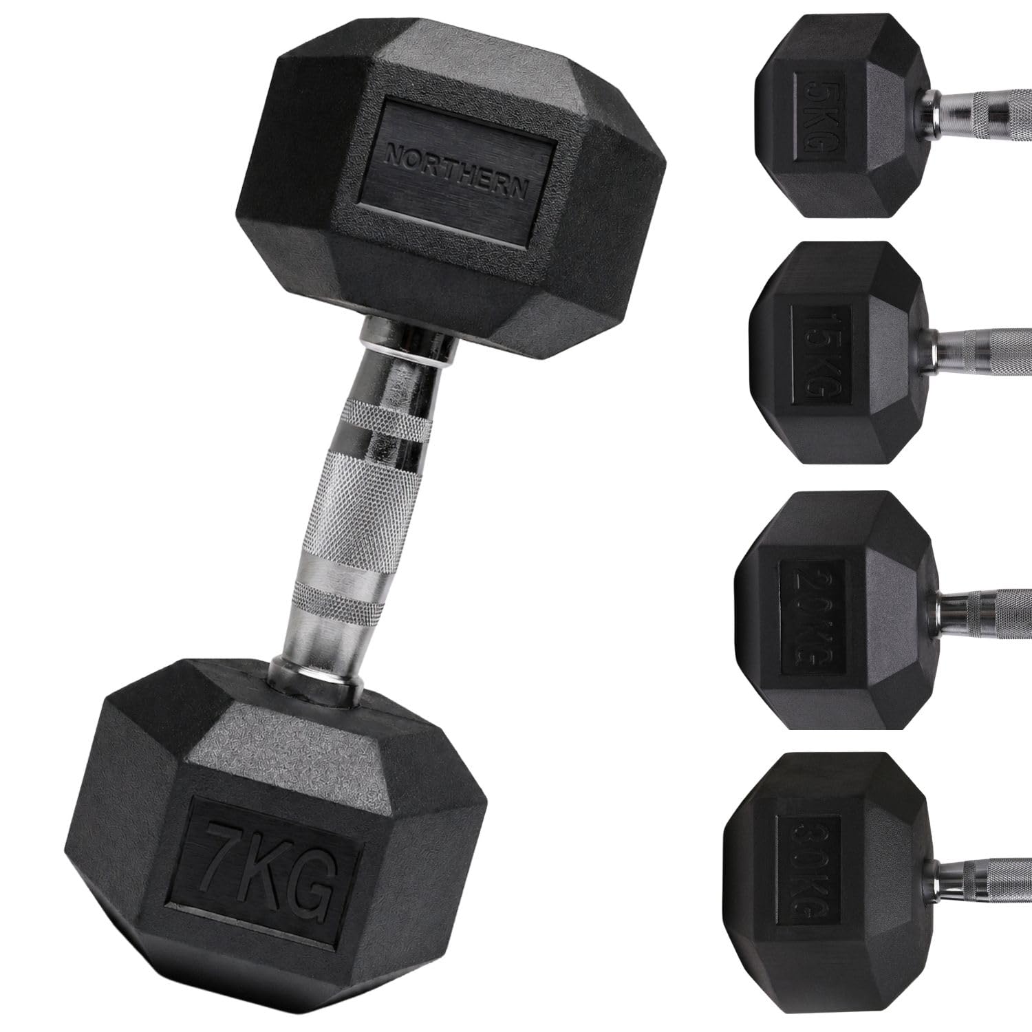 Northern Hex Dumbbell Set Rubber Heavy Weights with Metal Handles Anti-Rolling for Weight Lifting Bodybuilding Exercise Workout Strength Training Home Gym 1kg-50kg Pairs Sets (7KG x2 Dumbbells)