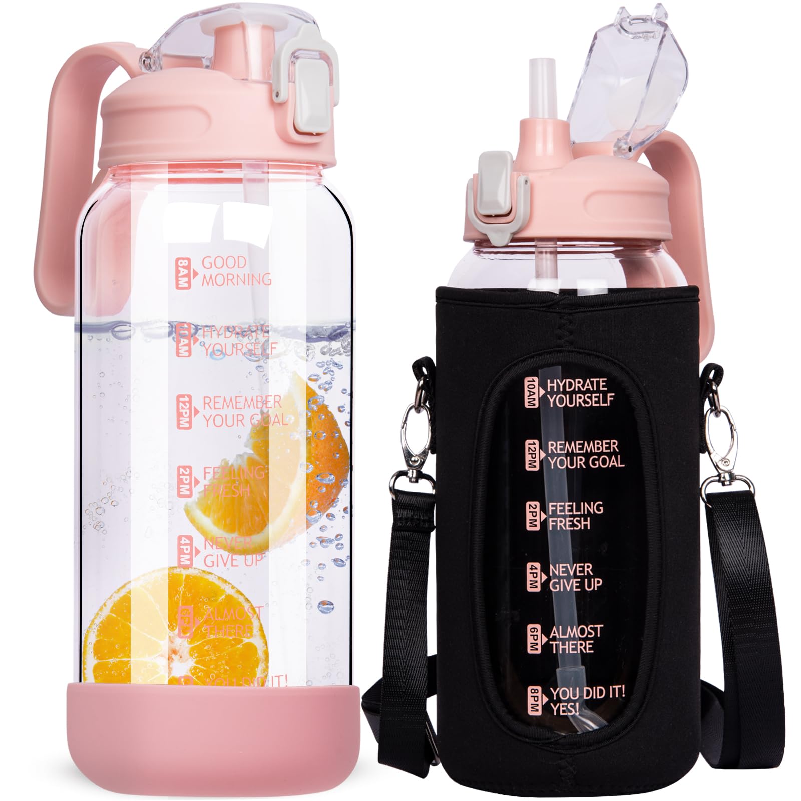 DEARRAY 1.5 Litre Glass Water Bottle with Straw & Time Markings - Leakproof Motivational Drinking Bottle - BPA Free Carafe