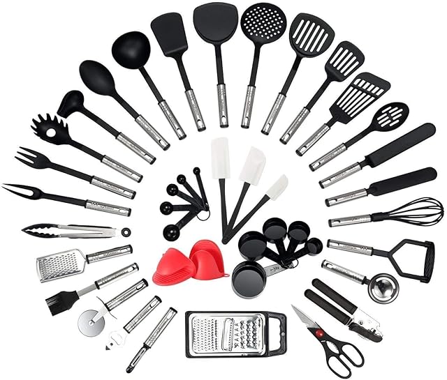 NEXGADGET Premium 42 Piece Kitchen Utensils Cookware Set with Stainless Steel and Nylon Cooking Tools Including Spoon, Turners, Tongs, Whisk, Can Opener, Peeler, Scraper, Measuring Jug and Spoon