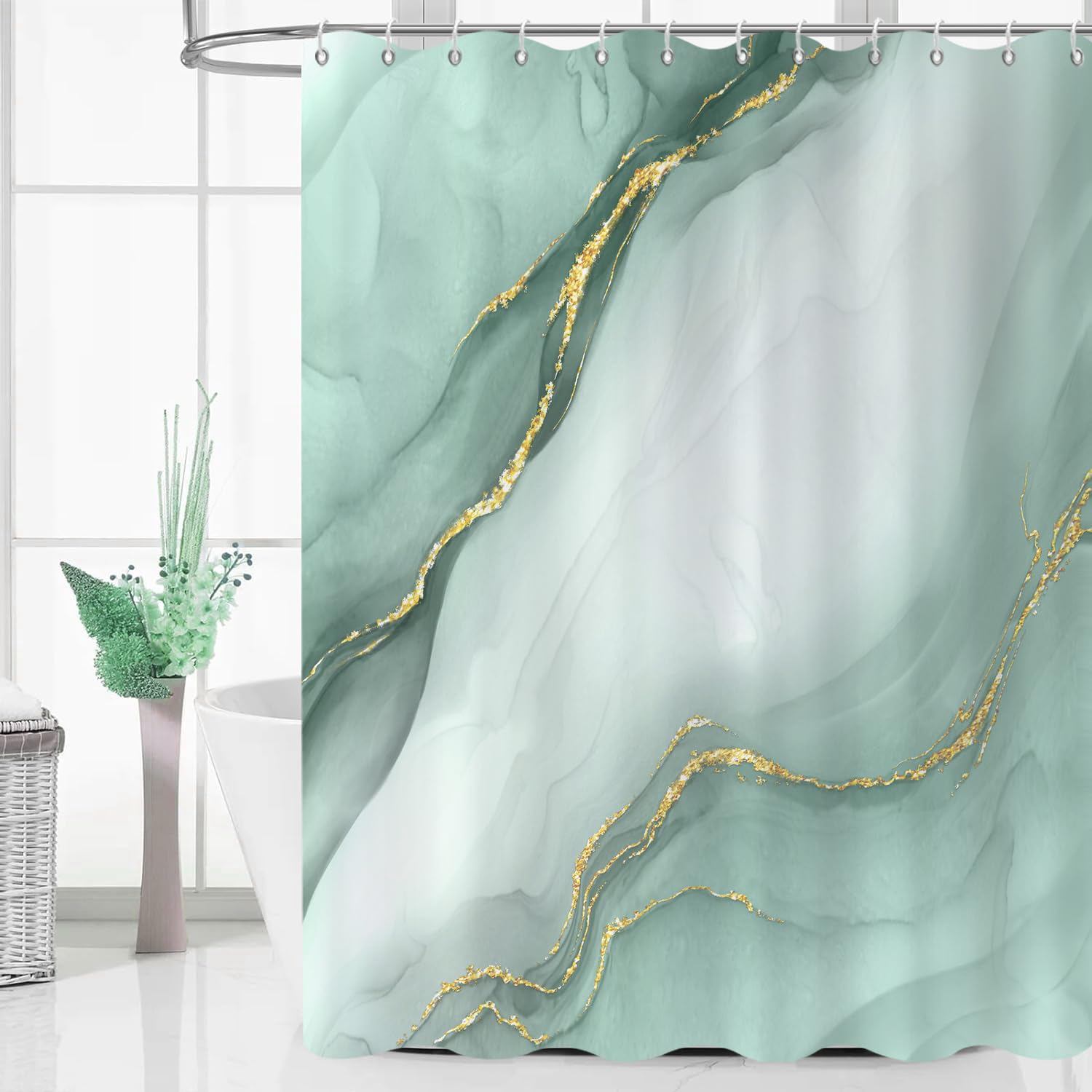 GCIREC Shower Curtain, 200x180cm, Light Green Gradient with Gold Marble Modern Art Waterproof Fabric Machine Washable Bathroom Curtain with Hooks