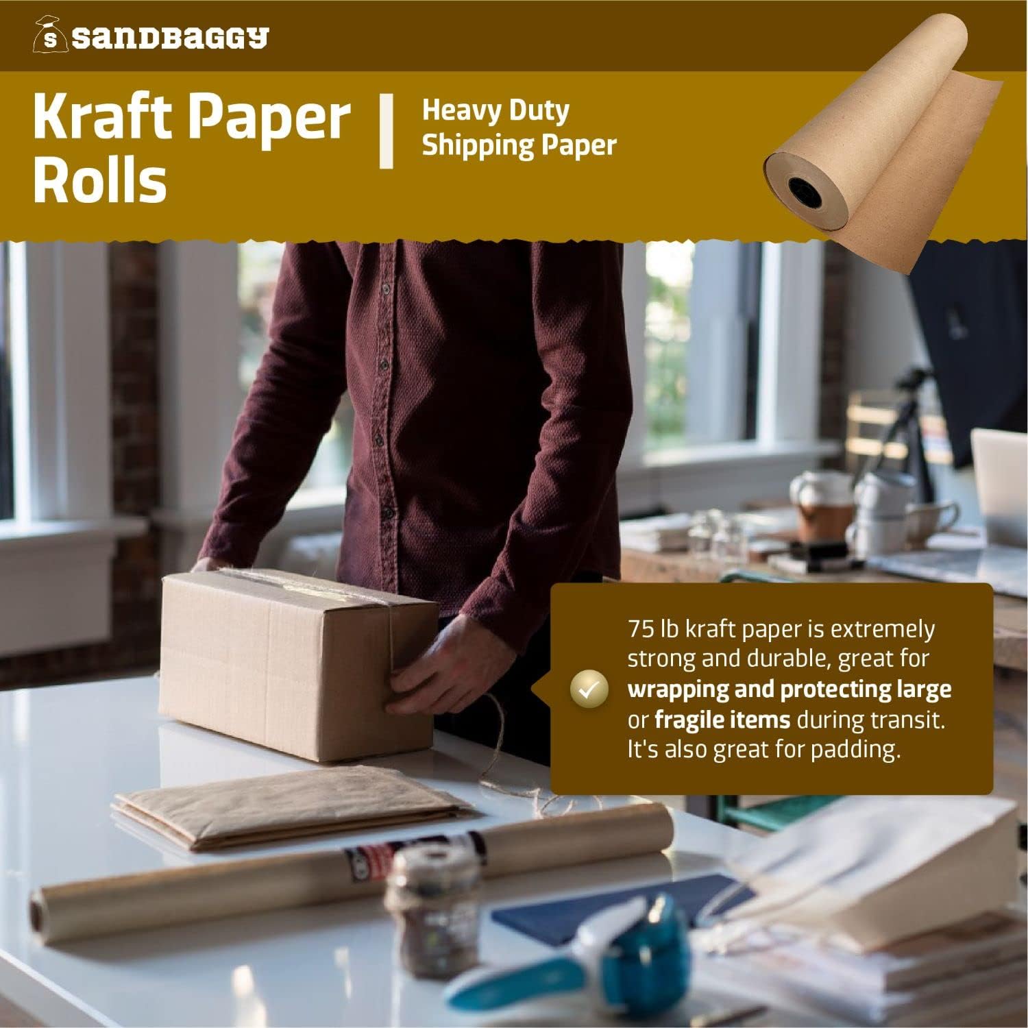 Sandbaggy Heavy Duty Kraft Paper Rolls - 75 lb. Recycled Paper for Shipping, Packaging, and Wrapping - Made in America (1 roll - 4 ft x 50 feet/roll (200 sq ft), Brown)