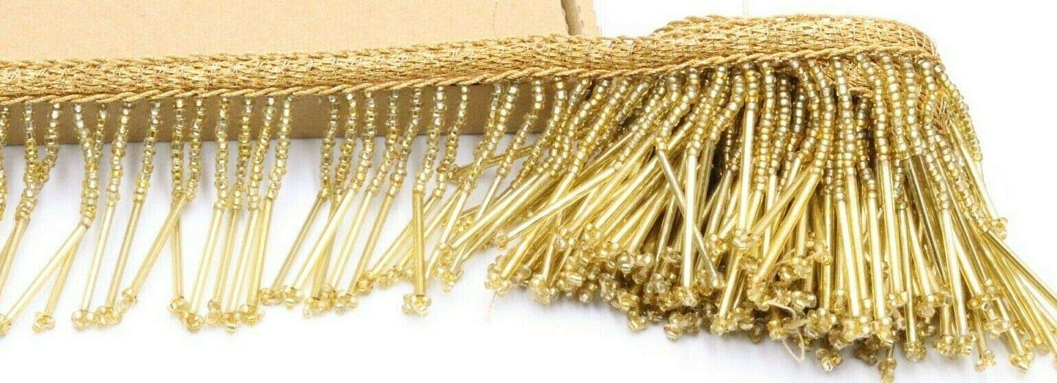 Feathers Creation 1 X Yard Gold Bead Fringe Bridal Saree Tassel Sewon Trim Curtain Edge Lace 2 inc (Gold)