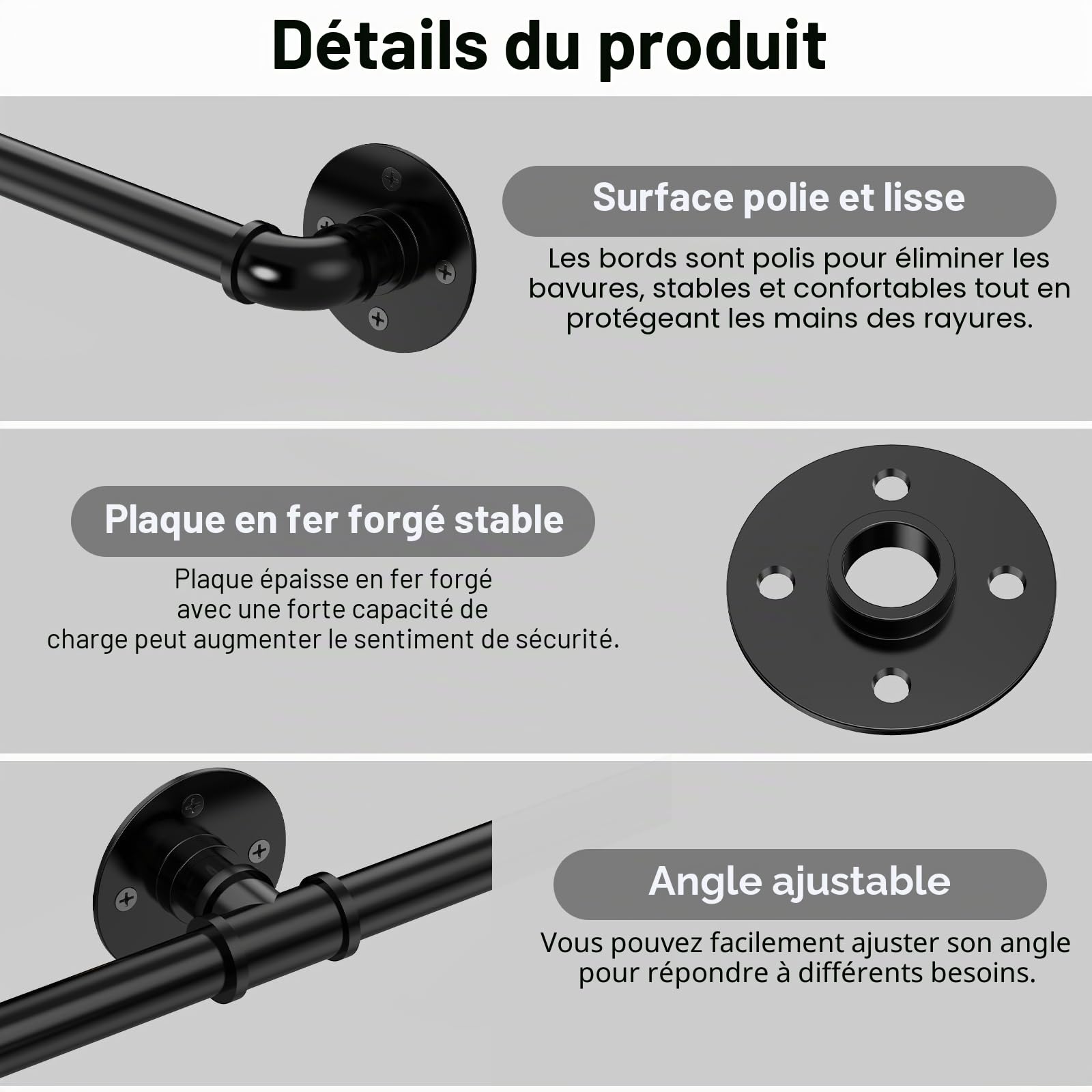 3M Main courante d'escalier pour intérieur et extérieur, rampe antidérapante en fer forgé avec design industriel, Main courante d'escalier murale de sécurité robuste pour personnes âgées, handicapés