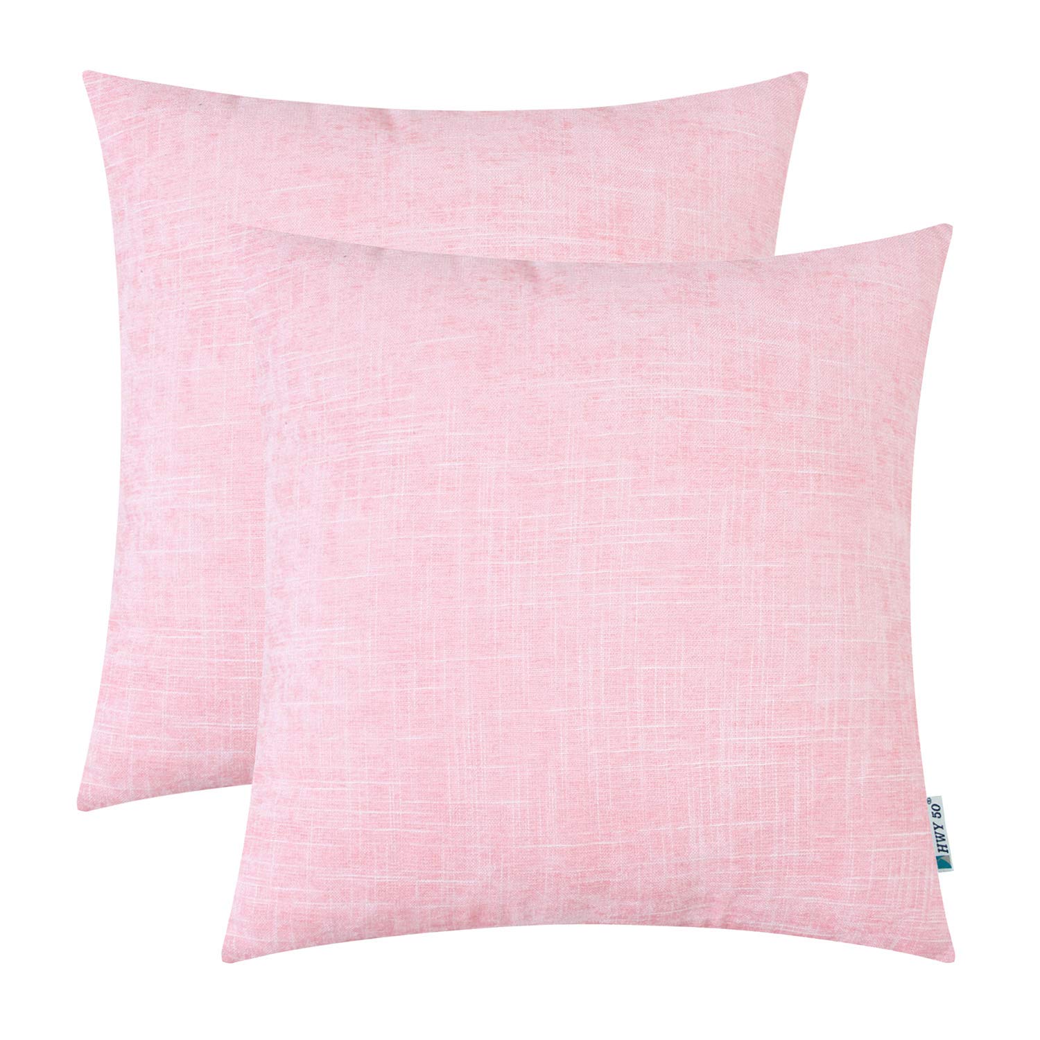 HWY 50 Decorative Throw Pillows Covers Soft Comfy Chenille Square Pillows Covers Set Cushion Cases for Couch Sofa Bedroom Pink with Striped White Farmhouse Decor 18 x 18 inch Pack of 2