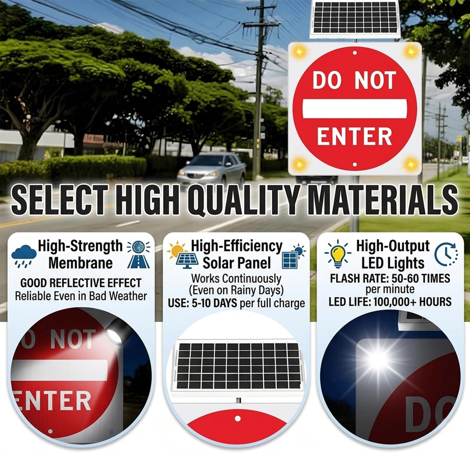 Señal de prohibición de Entrada con LED solares, Superficie Reflectante de Grado Industrial, Marco de Aluminio, para fábricas y áreas restringidas. 24in（60cm）