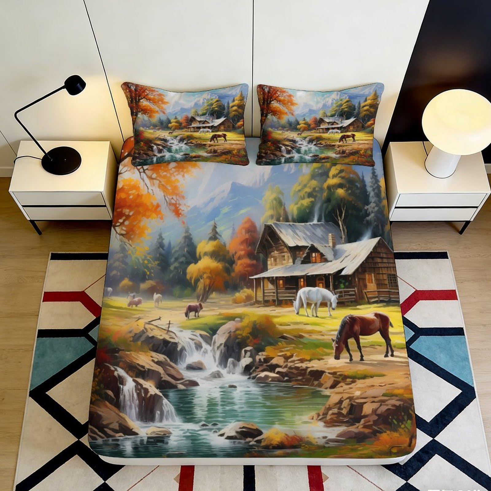 3D Printed Autumn Forest Cabin Fitted Sheet Microfiber Soft Waterfall Horse Mattress Cover Bedroom Decor 90x200x25cm