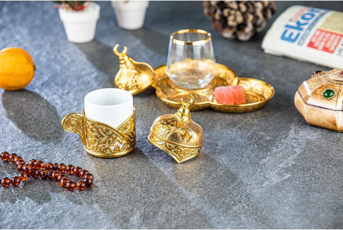 SODEF Coffee Set Presentation Set Single Service Zamak Material, Classic Design Turkish Coffee Set, 3 fl oz Capacity - Gold, One Size