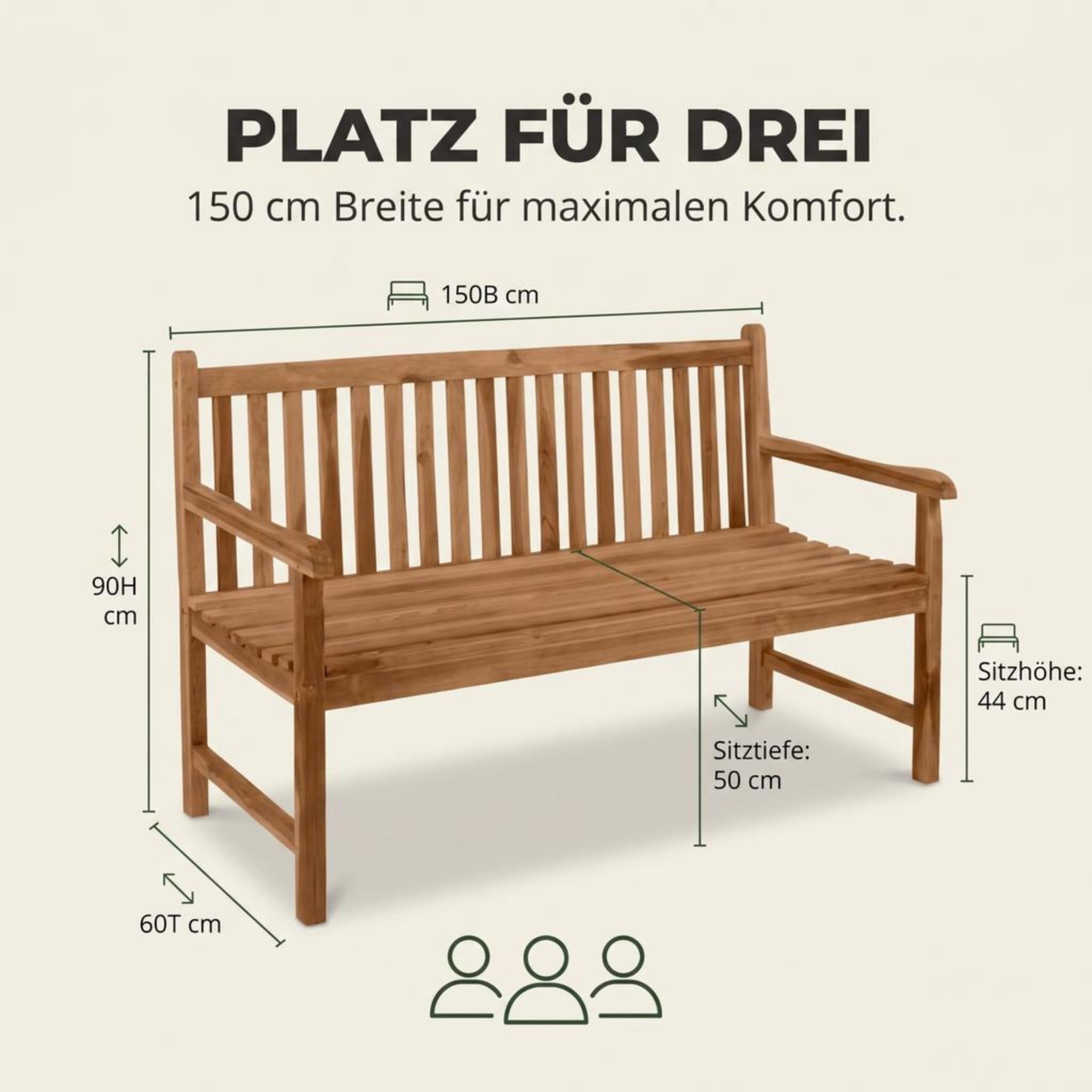 SAM Premium Gartenbank Caracas 3-Sitzer 150 cm, Gartenbank aus Teakholz massiv mit Armlehnen und Rückenlehne, wetterfeste Holzbank für Garten Terrasse Balkon, Sitzbank Massivholz lackiert