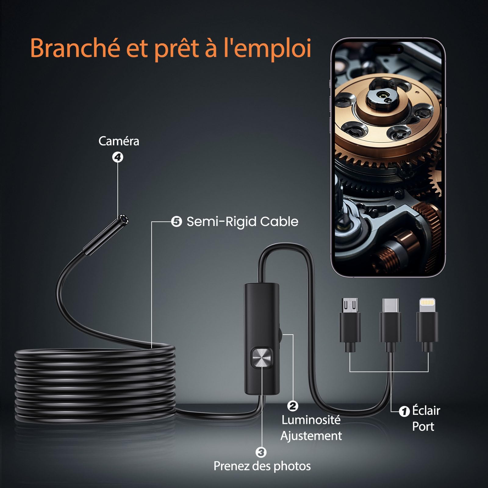 BlueSwan Camera Endoscopique 1920P HD - 8 LED Réglables, Endoscope Étanche IP67, sans WiFi Câble Semi-Rigide de 5 m - Camera Inspection Compatible Android/iOS, pour Réparation Auto & Plomberie