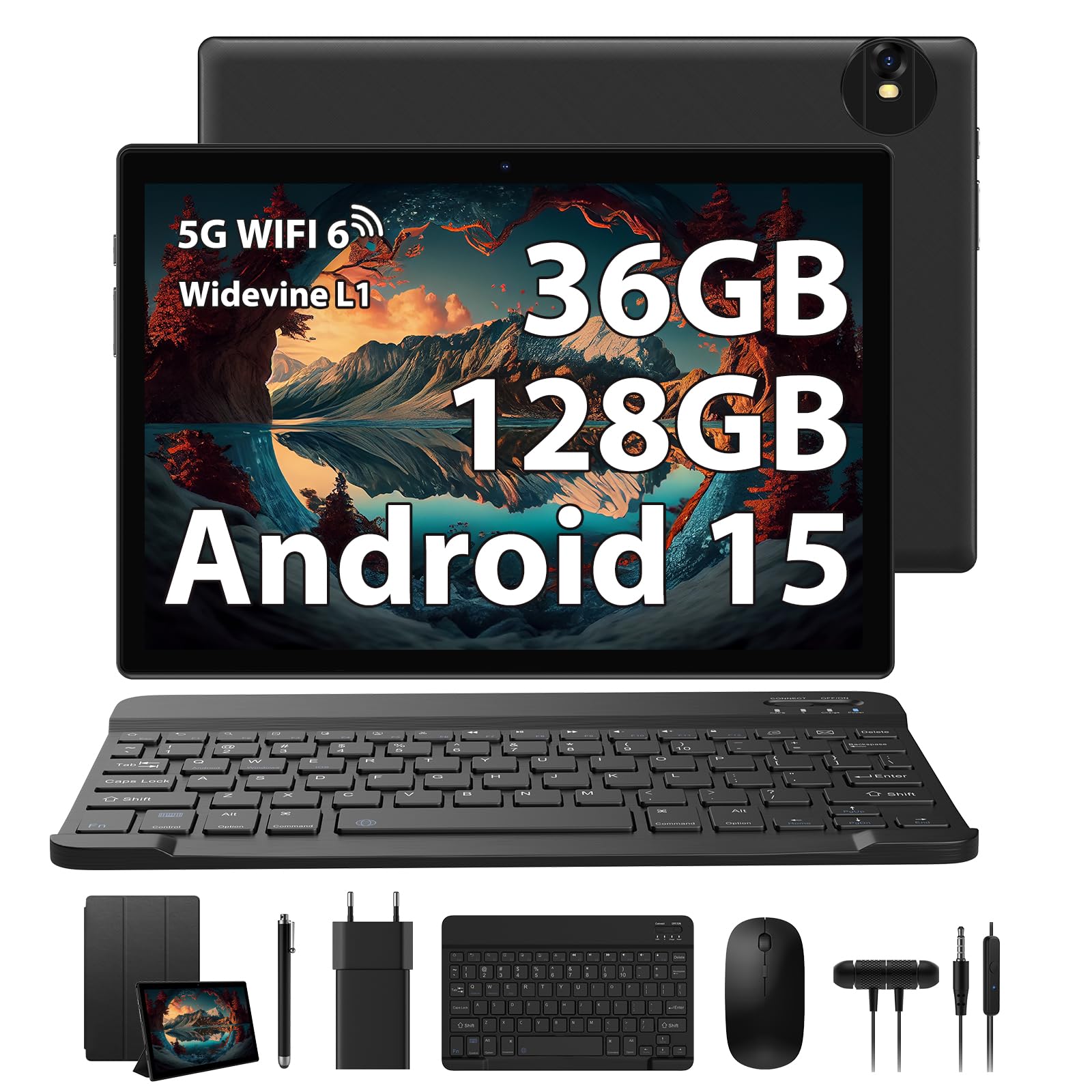 RUSHAR Tablet 10 Pollici Android 15 con Tastiera- 36GB RAM+ 128GB ROM(1TB TF), Octa-Core | WiFi 6 | 8000mAh | 1280 * 800 | 8MP+5MP | Widevine L1 | Bluetooth 5.0, Tablet in Offerta con Mouse - Nero