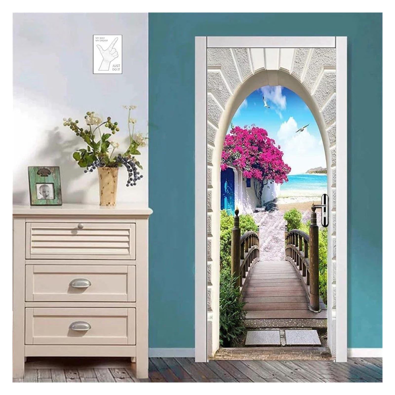 Rénover une porte abîmée avec le sticker mural fleurs 3D autocollant 77x200