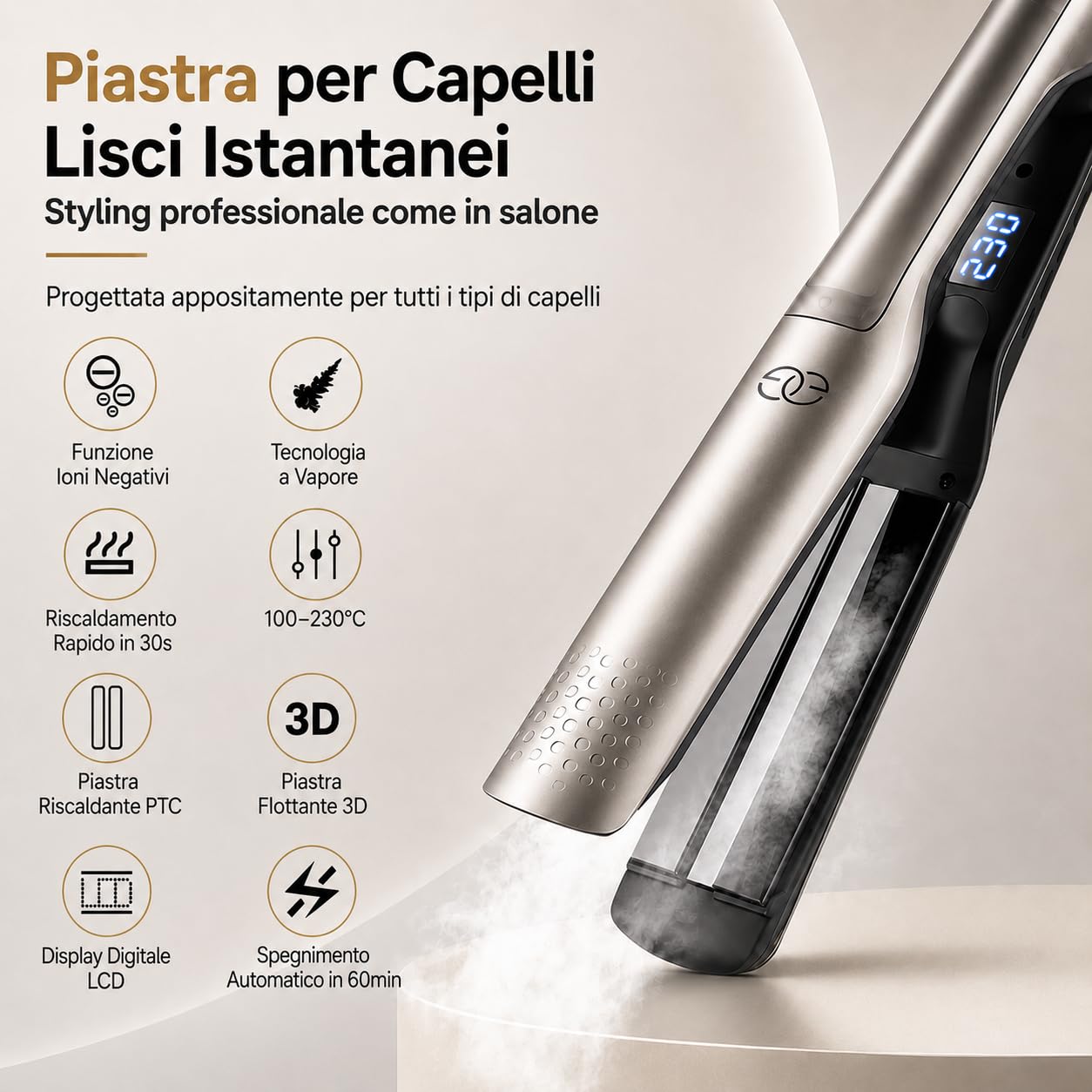 Piastra per Capelli a Vapore, Golden Goods Steampod Platinum Edition per capelli lisci e ricci, Piastra capelli Professionale 2 in 1 Steampod, Vapore potente, 10 temperature a 230 Gradi