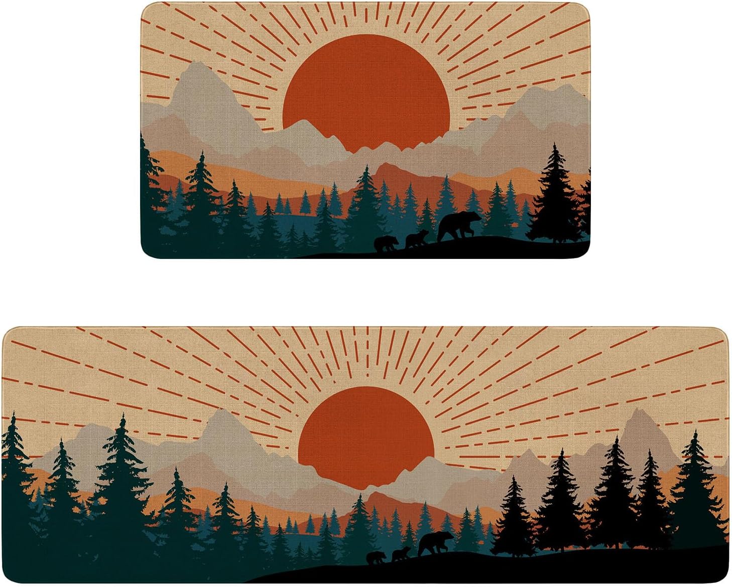 Boho Sunshine Kitchen Rugs and Mat Set of 2,Sunrise Sunset Nature Abstract Aesthetic Kitchen Mats for Floor,Simple Art Sink Mats Home Decor Doormat+Runner Rug