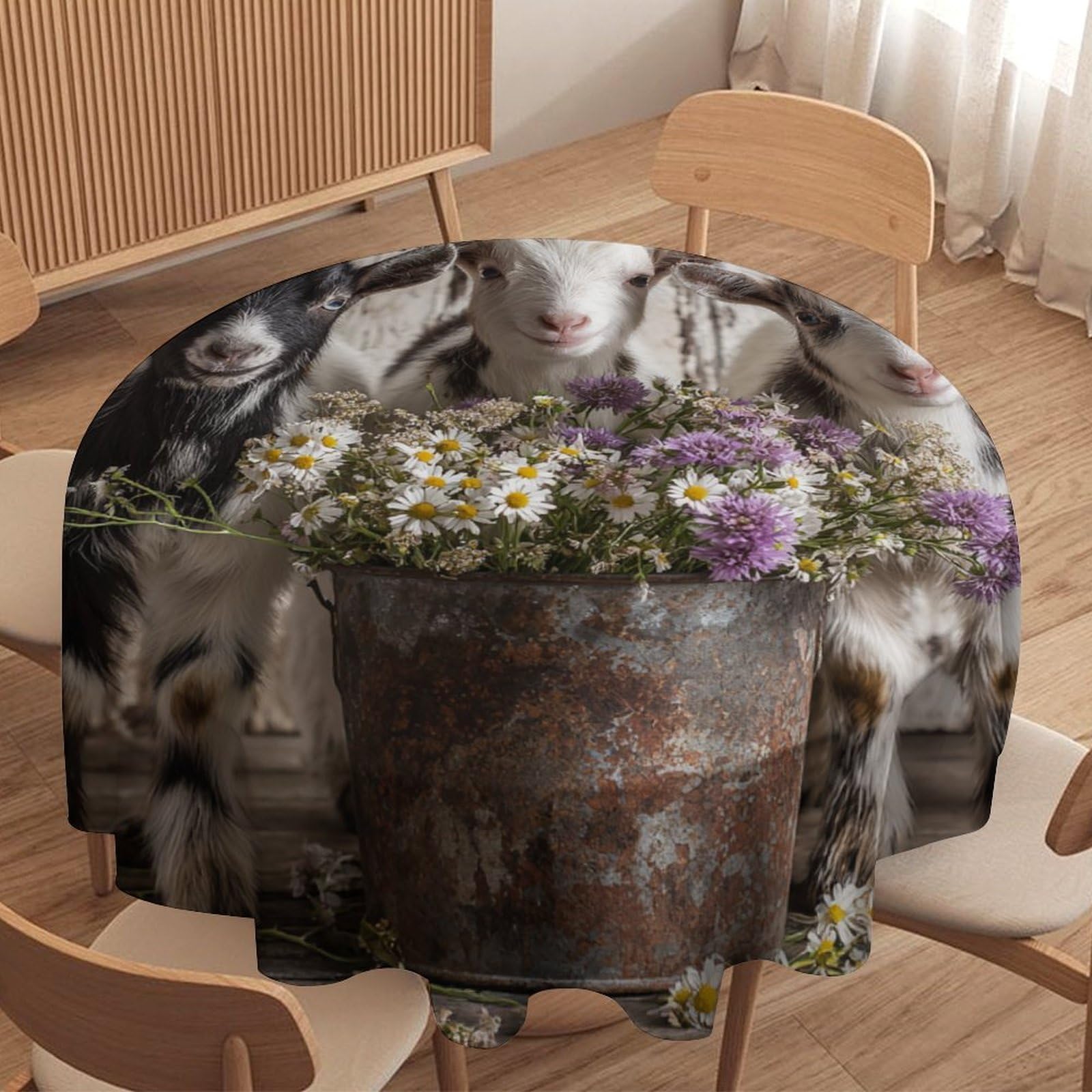 LUYYSKY Funny Realistic Alpaca Round Tablecloth Cute Oil Painting Farm Wooden Board Animals Sheep Daisies Floral Washable Decor for Table Cover for Kitchen-91.4" Wx91.4 L cm