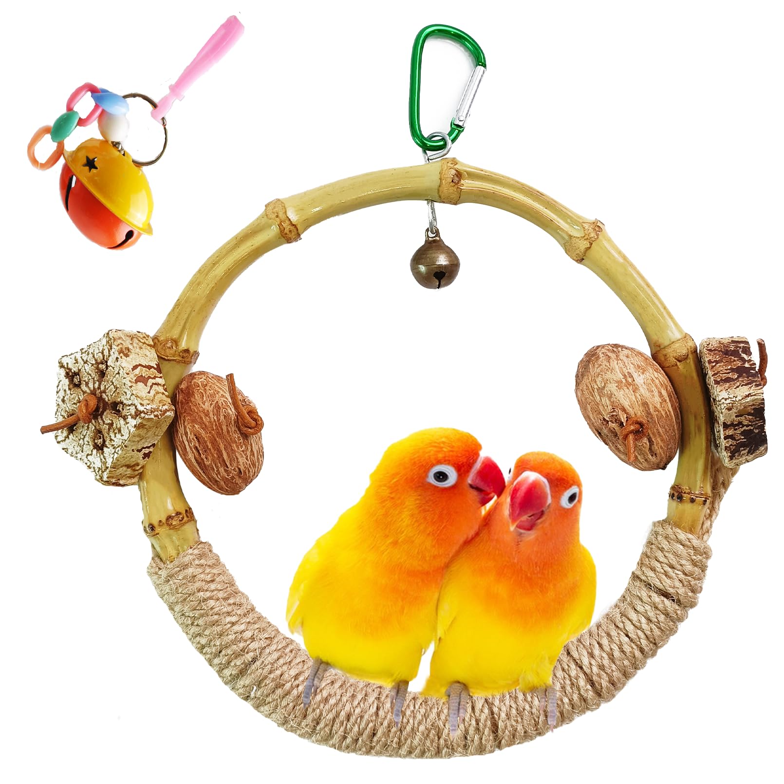 MUYG Circle Bird Swing with Bell,Bamboo Parakeet Rope Perches for Cage Ring Bird Swings Chewings Nuts Toys for Parrots Cockatiels Lovebirds Budgie
