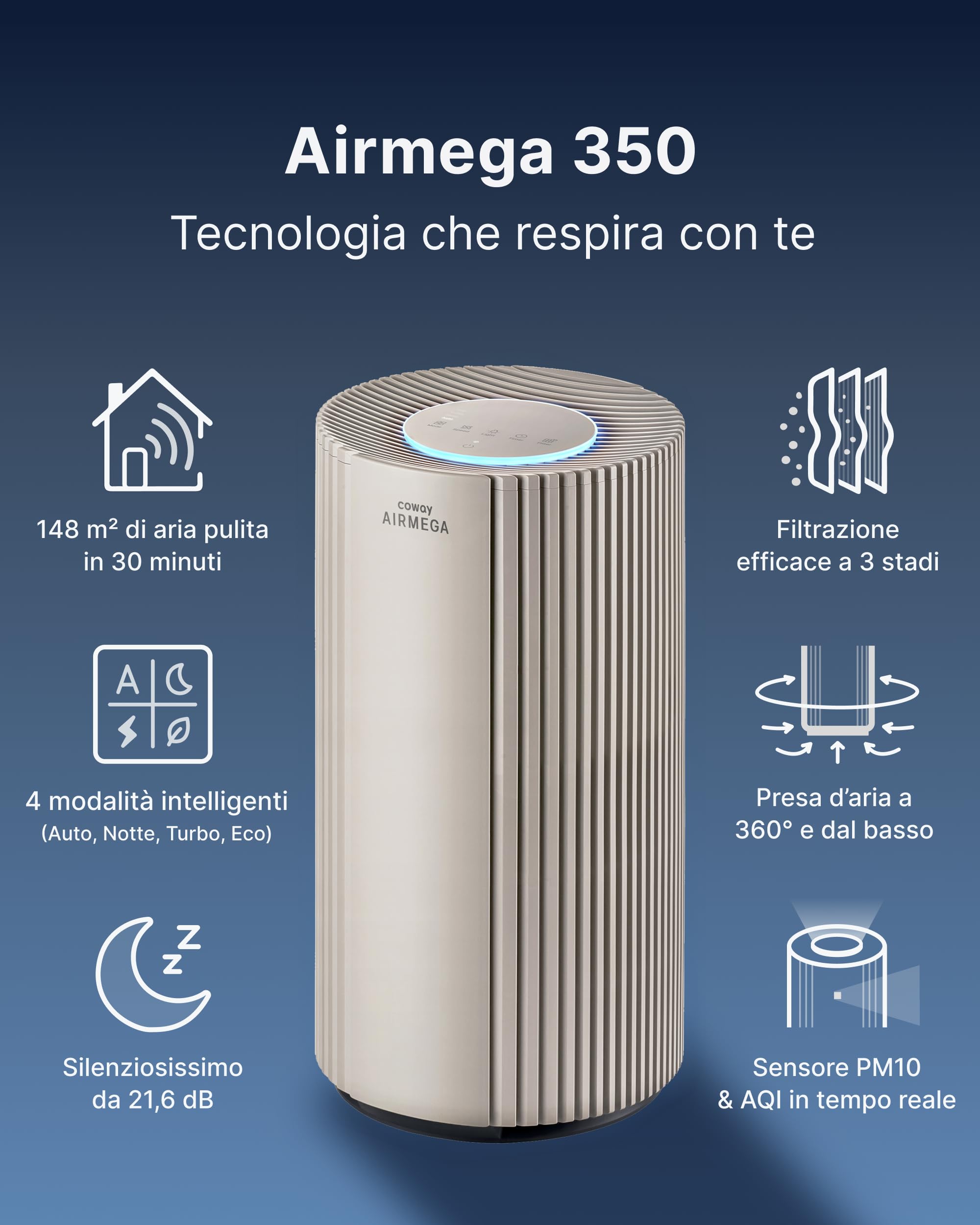 COWAY Purificatore d'aria HEPA per grandi ambienti, AIRMEGA 350, Beige