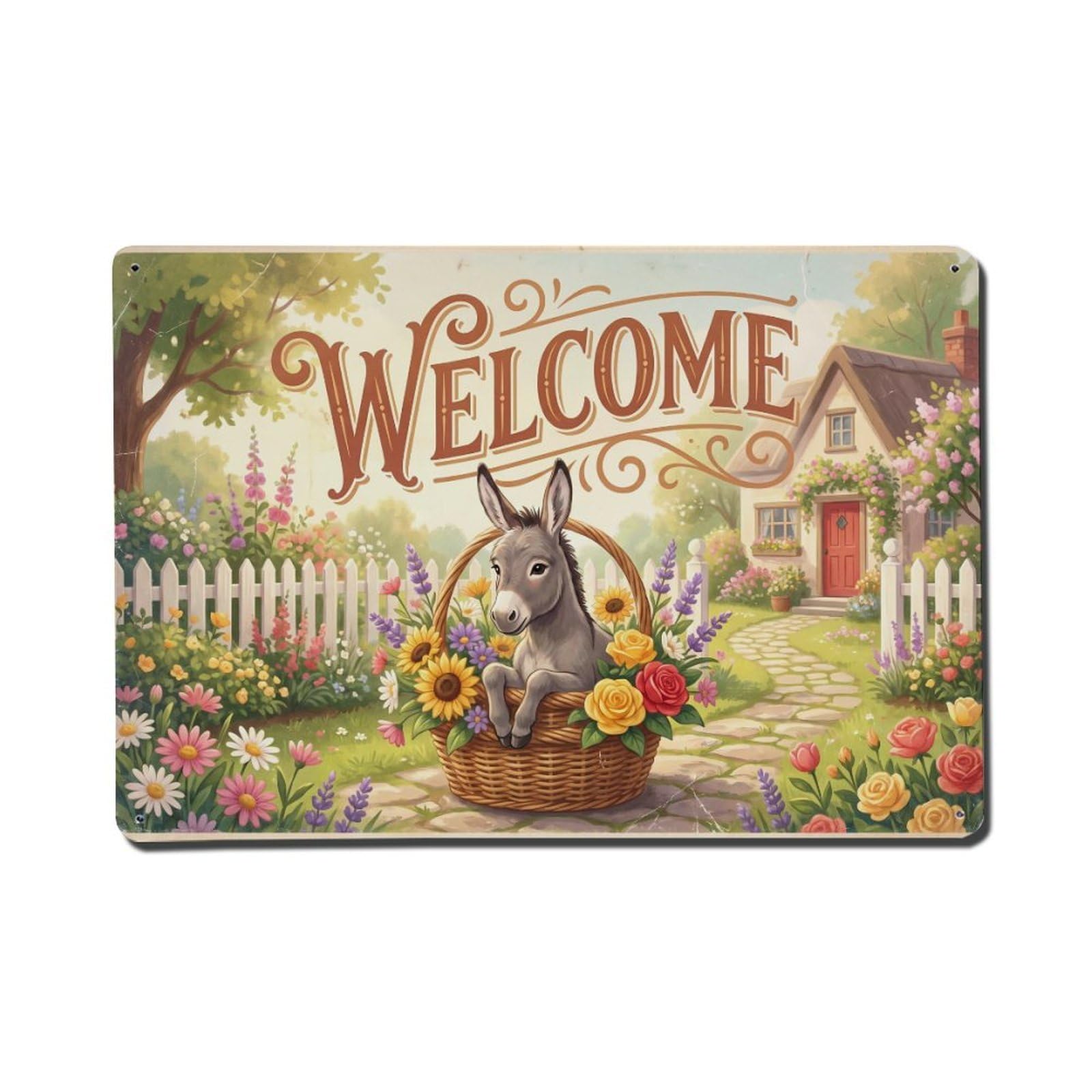 Vintage Welcome Donkey Green Thumb Metal Tin Sign