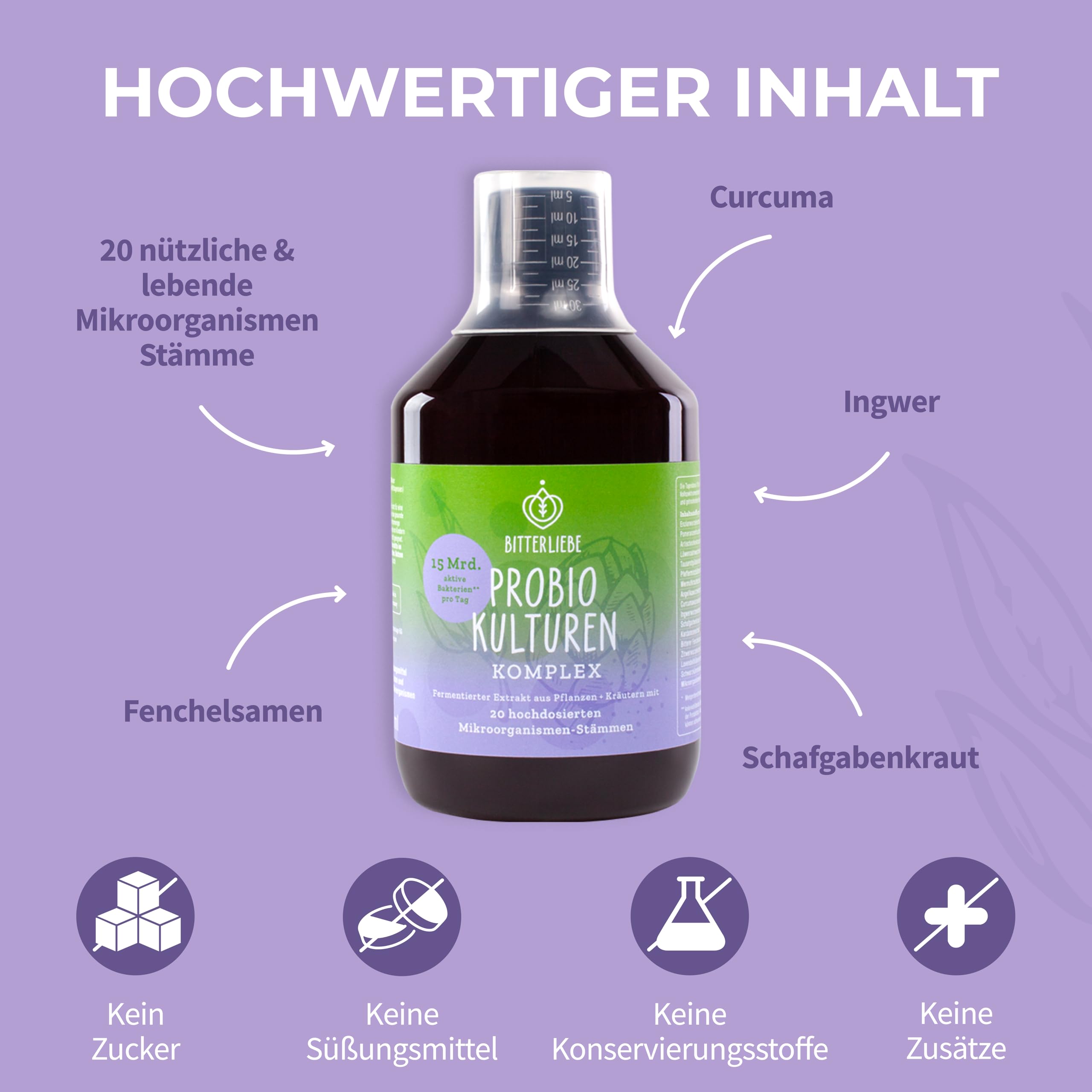 BitterLiebe® Bitter Probio-Kulturen Komplex - flüssige Darmbakterien - magensaftresistentes Mittel mit 20 Bakterienstämmen-15 Milliarden Bakterien