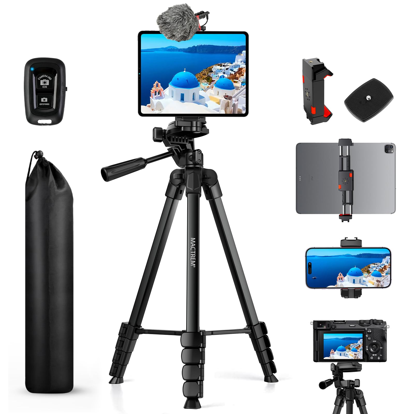 MACTREM 170cm/67 Trépied Aluminium iPad iPhone Tablette avec Télécommande | Pour Appareil Photo, Tête Amovible, Voyage, Youtube, Vidéo, Selfie, TikTok, Vlogging, Léger, Live-Stream, Studio, Make-up