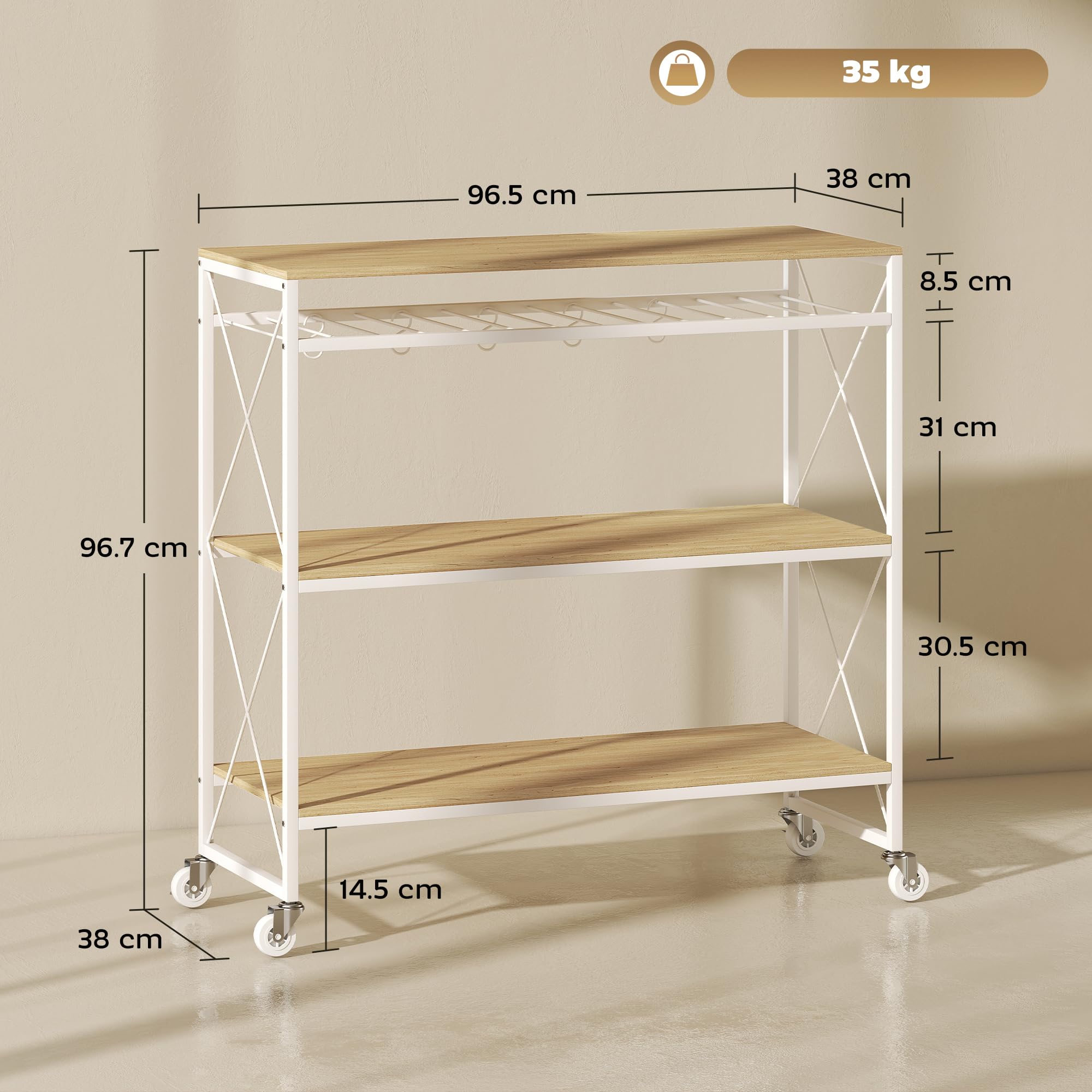 HOMCOM Carrello da Cucina a 4 Livelli con Portabottiglie e 5 Ganci Rimovibili, Carrello Portavivande Salvaspazio con Ruote a Freno in Legno e Metallo, 96.5x38x96.7 cm, Color Legno