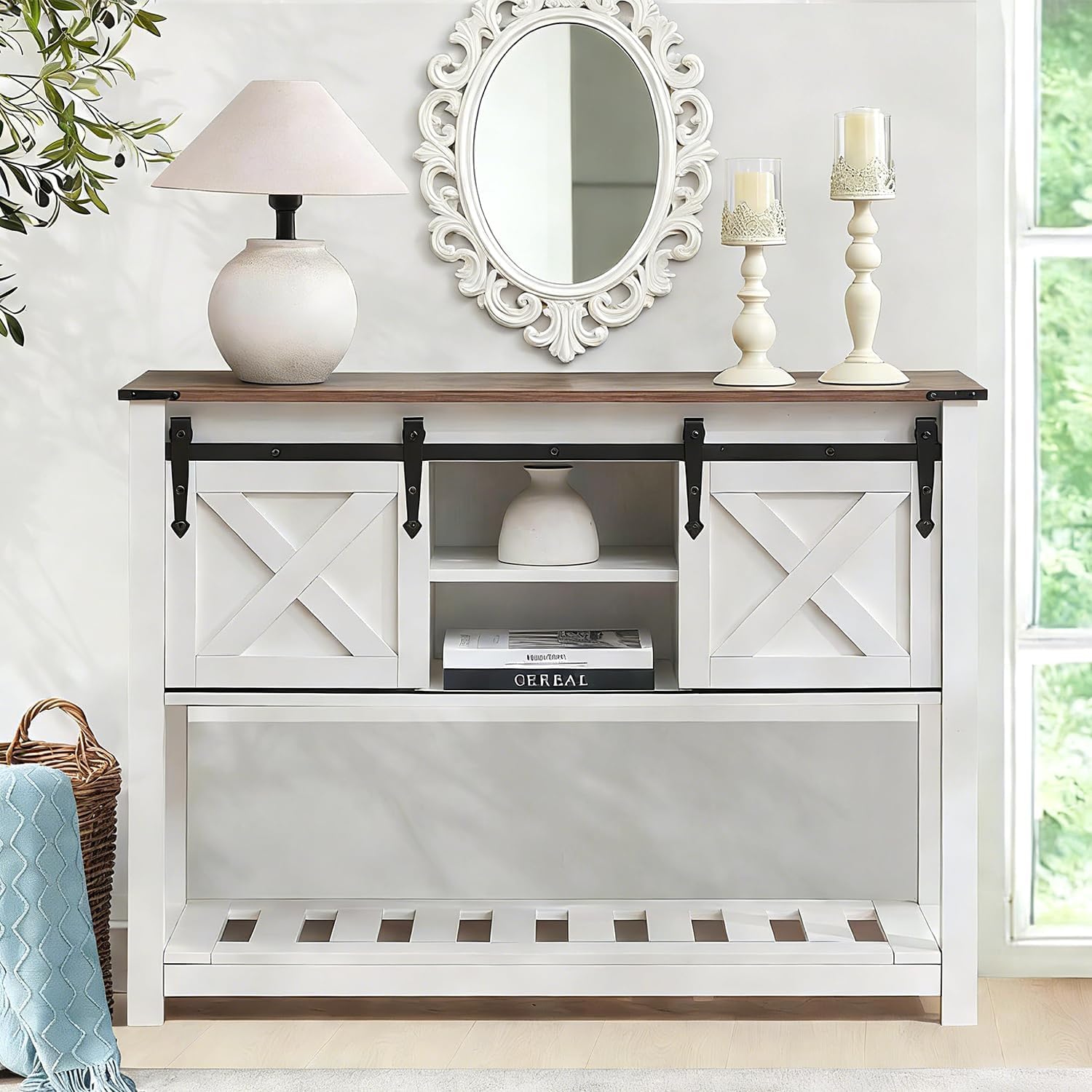 Farmhouse Living Room Furniture Set, 4-Piece with Sliding Barn Door TV Stand, Coffee Table and 2 End Tables with Charging Station & USB Ports, Large Storage Entryway, White