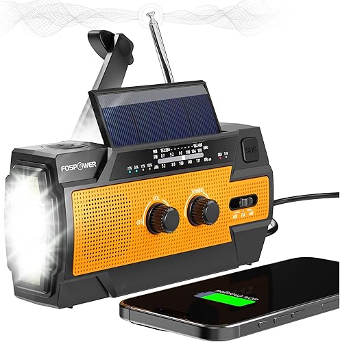 Miniatura 8 de FosPower Radio meteorológica de emergencia NOAA de 2000 mAh Modelo A1 Banco de energía portátil con carga solar manivela de mano y funciona con