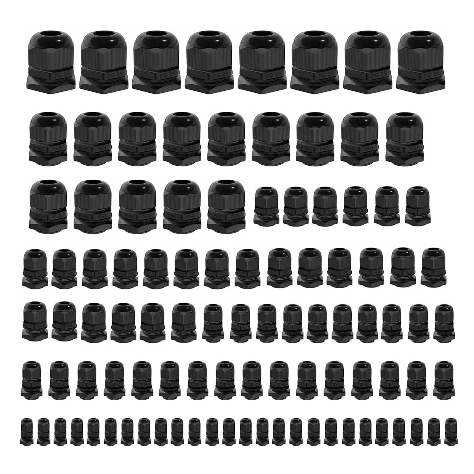 Pressacavi 100 pz Gland Giunti impermeabili regolabili, nero 3-25mm connettori per cavi impermeabili PG7 PG9 PG11 PG13.5 PG21 PG29 plastica 4 pressacavi e guarnizioni in scatola di PP