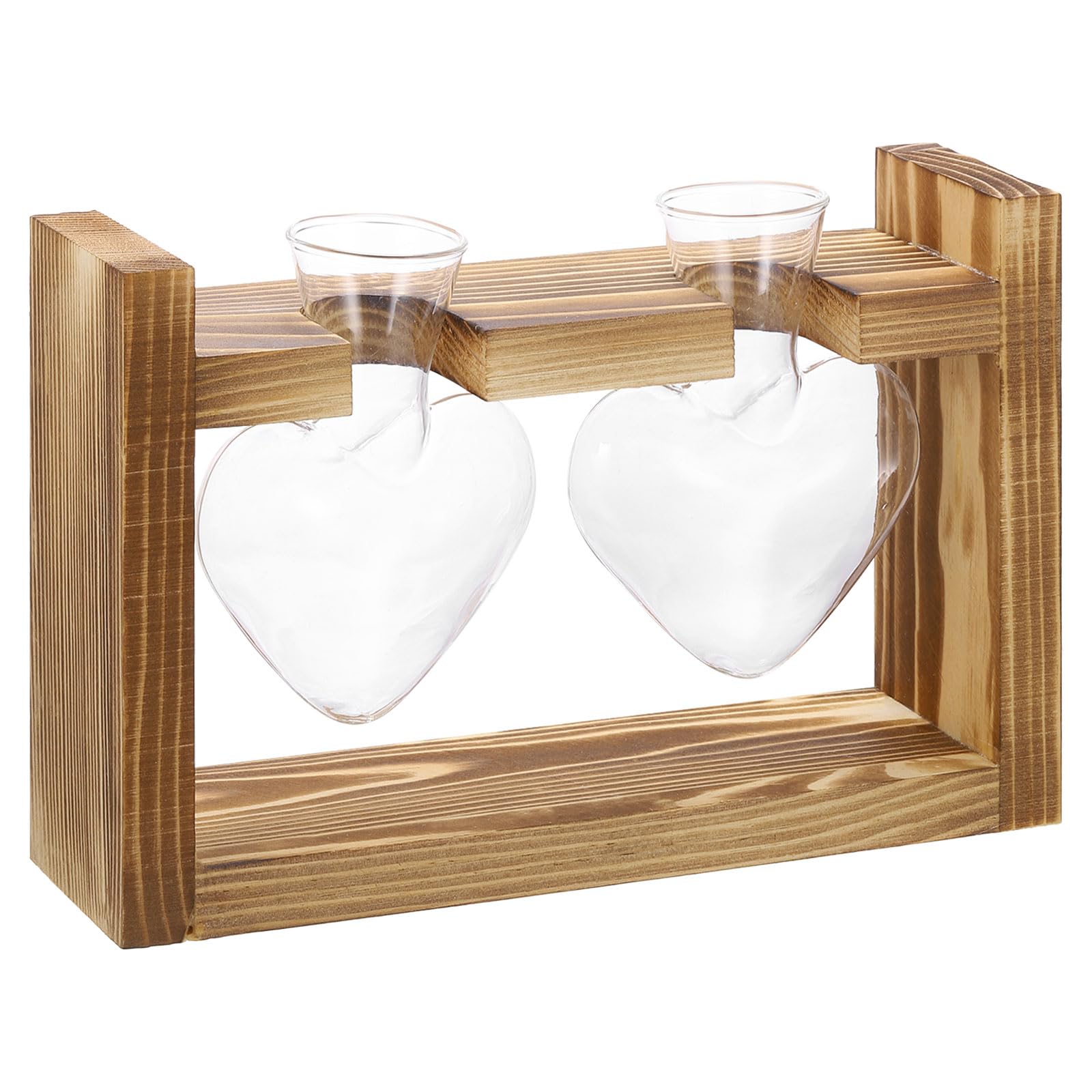 PATIKIL Propagation Vases for Plants with Wooden Stand Heart Shaped Glass Vase for Home Office Decor Housewarming Gifts Wood Color (2 Bulb)