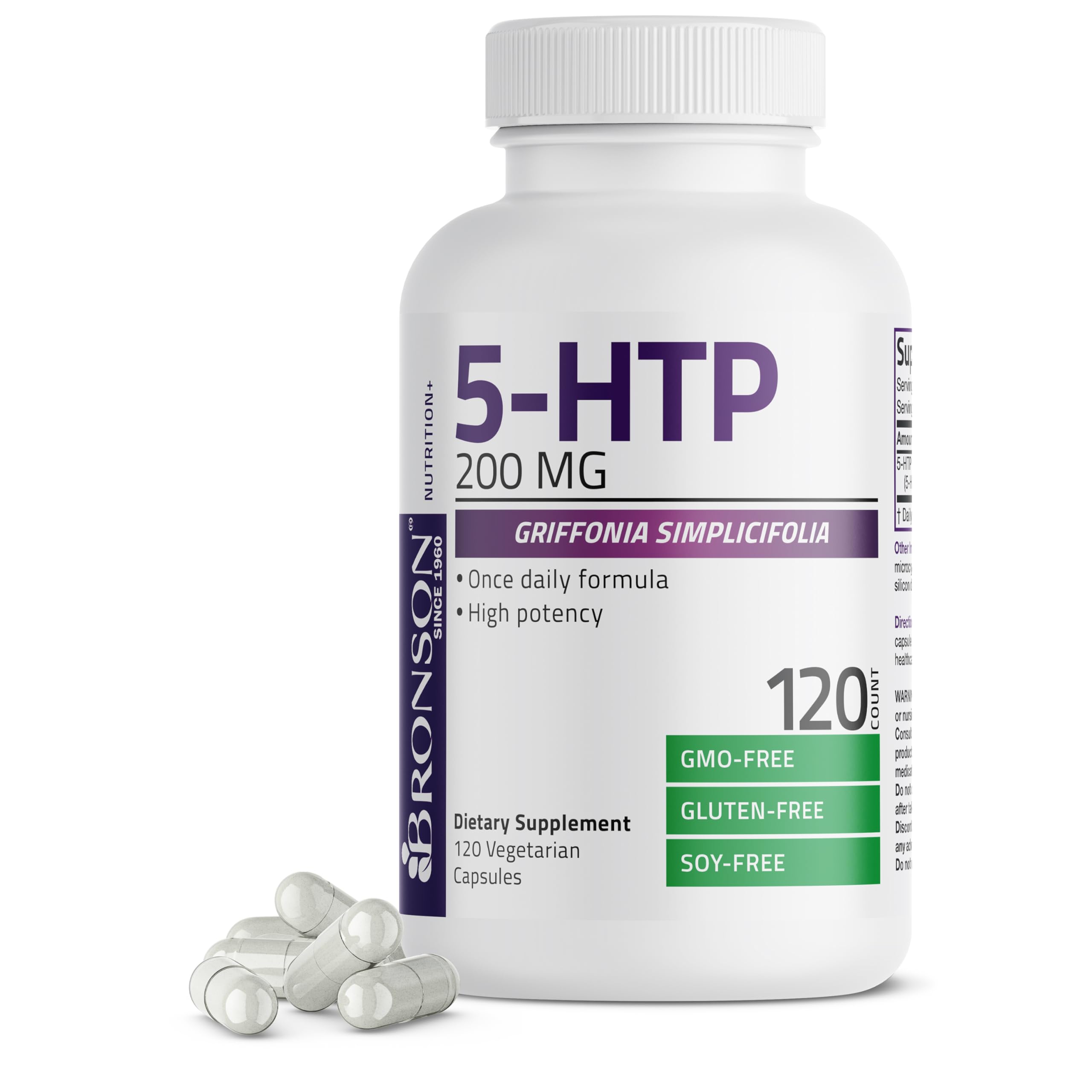 Bronson 5-HTP 200mg (5-hydroxytryptophan) Griffonia Simplicifolia Non-GMO, 120 Vegetarian Capsules 120 Count (Pack of 1)