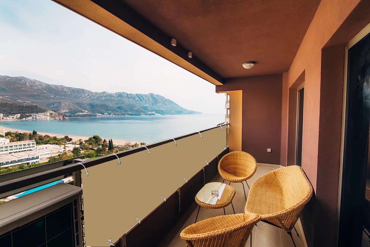 Balkon 300 x 550 cm – odporny na warunki atmosferyczne pokrowiec ogrodzeniowy na patio i ogród, łatwy do czyszczenia, z oczkami i sznurkiem, kremowy, rozwiązanie do ochrony prywatności na zewnątrz