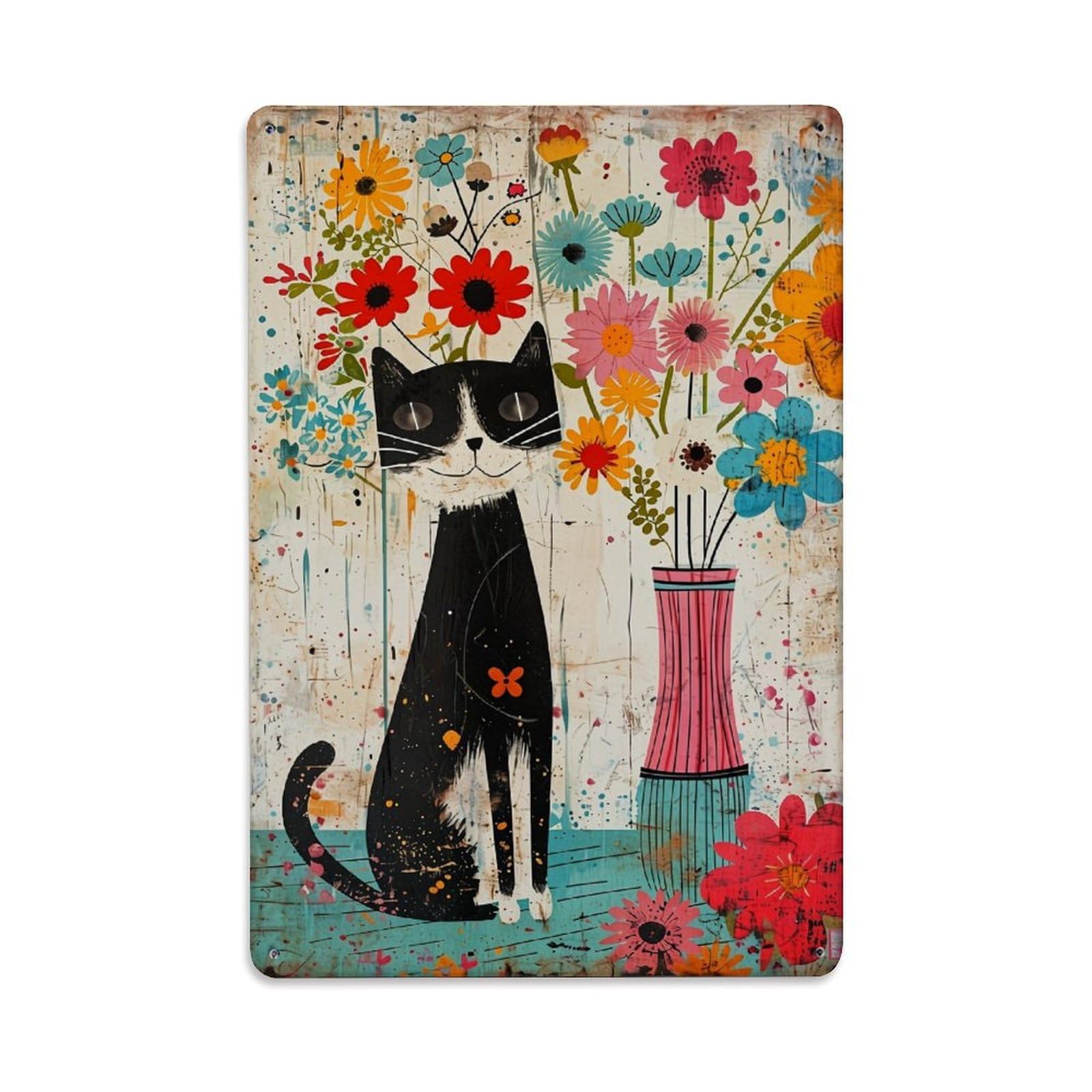 Jdfenggu Vintage Colorful Cat Floral Vase Art Retro Metal Tin Sign, Decor Art Poster For Bar, Home, Man Cave, Kitchen, Laundry Room Gift 8X12inch