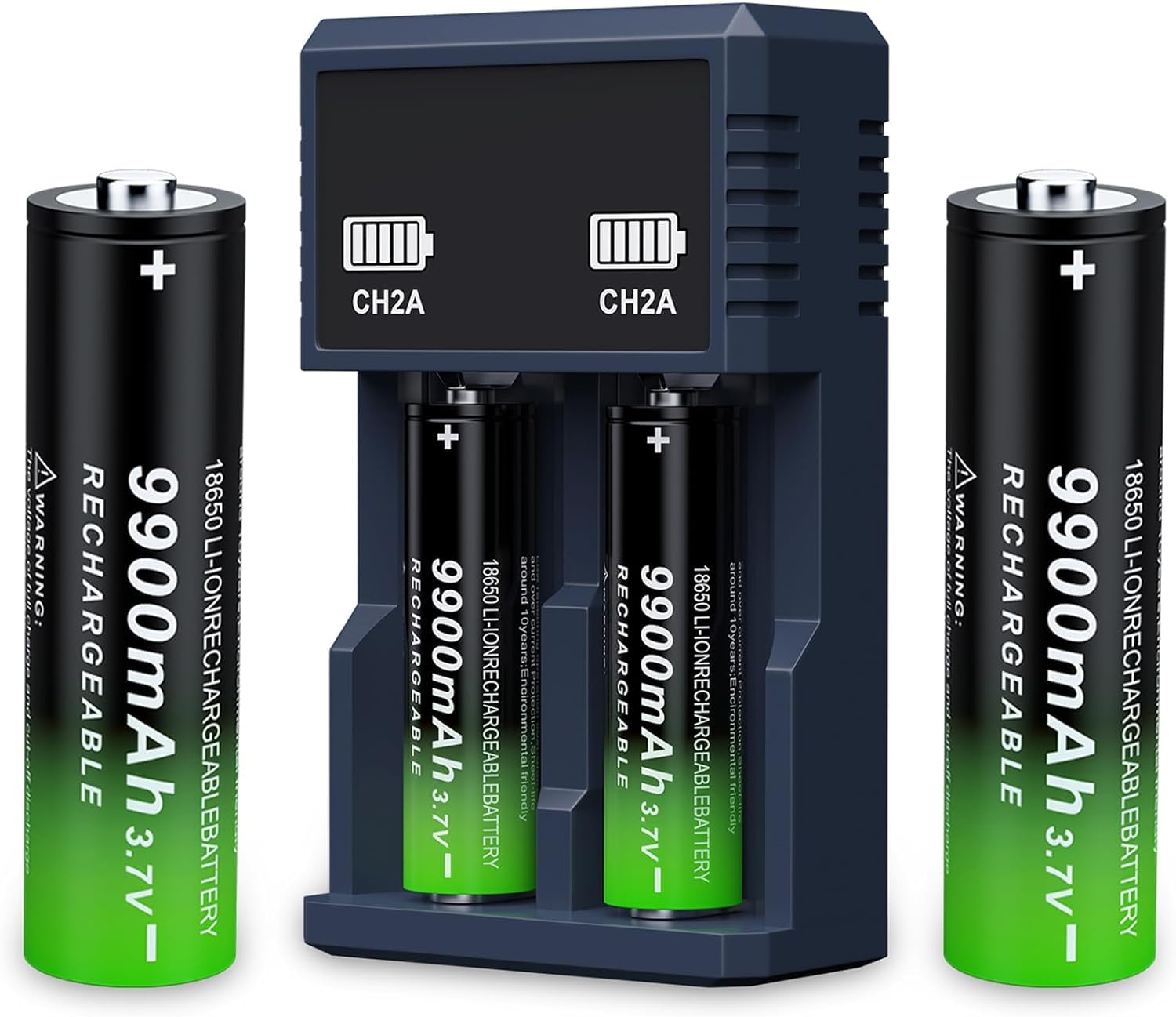 18650 Rechargeable Battery and Charger 9900mAh 3.7v Li-ion Batteries for Handheld Flashlights, Headlamps, Doorbells, Toys, Cameras (4pcs) (Button Top)