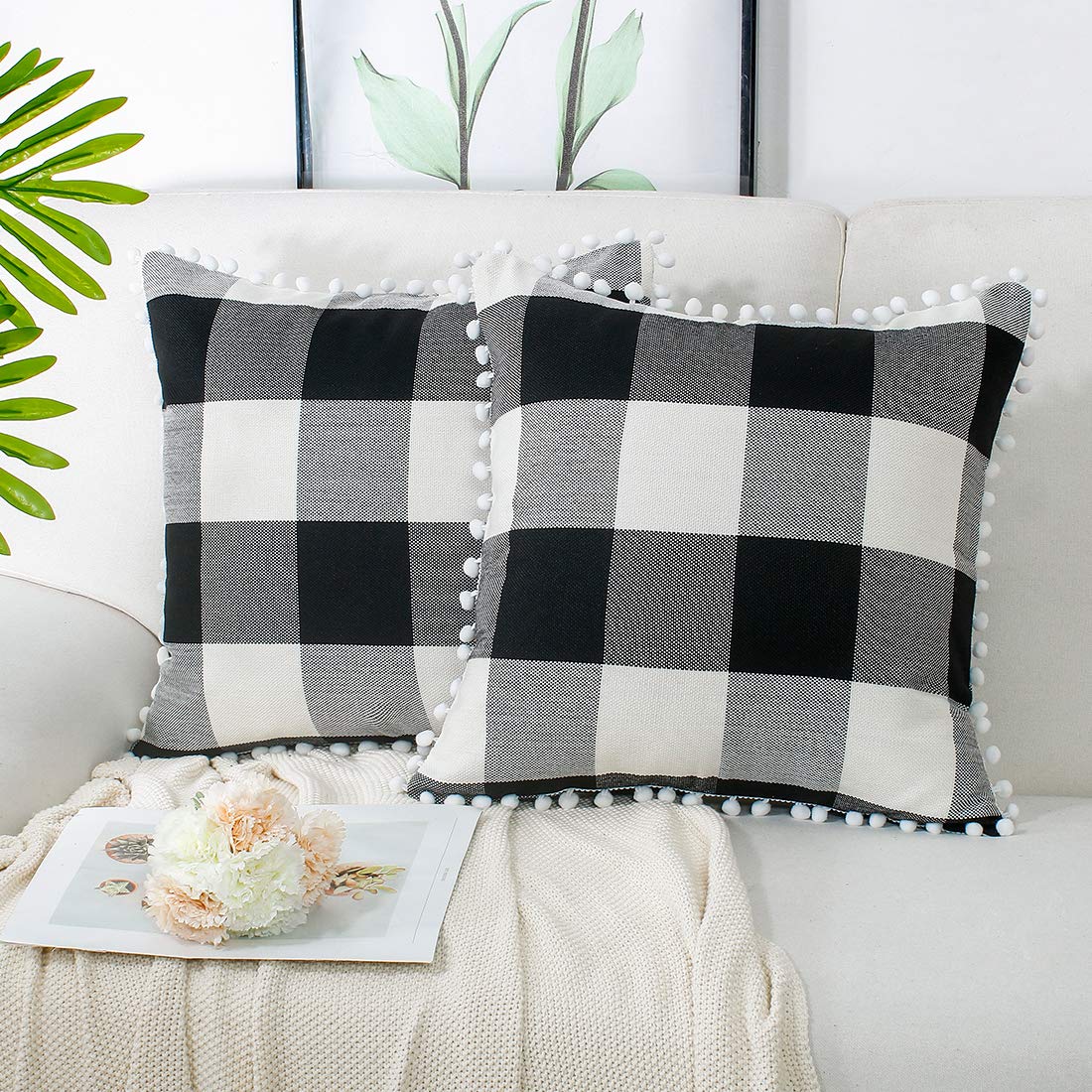 Piccocasa Pcs Buffalo Check Plaid Throw Pillow Cover Pompoms