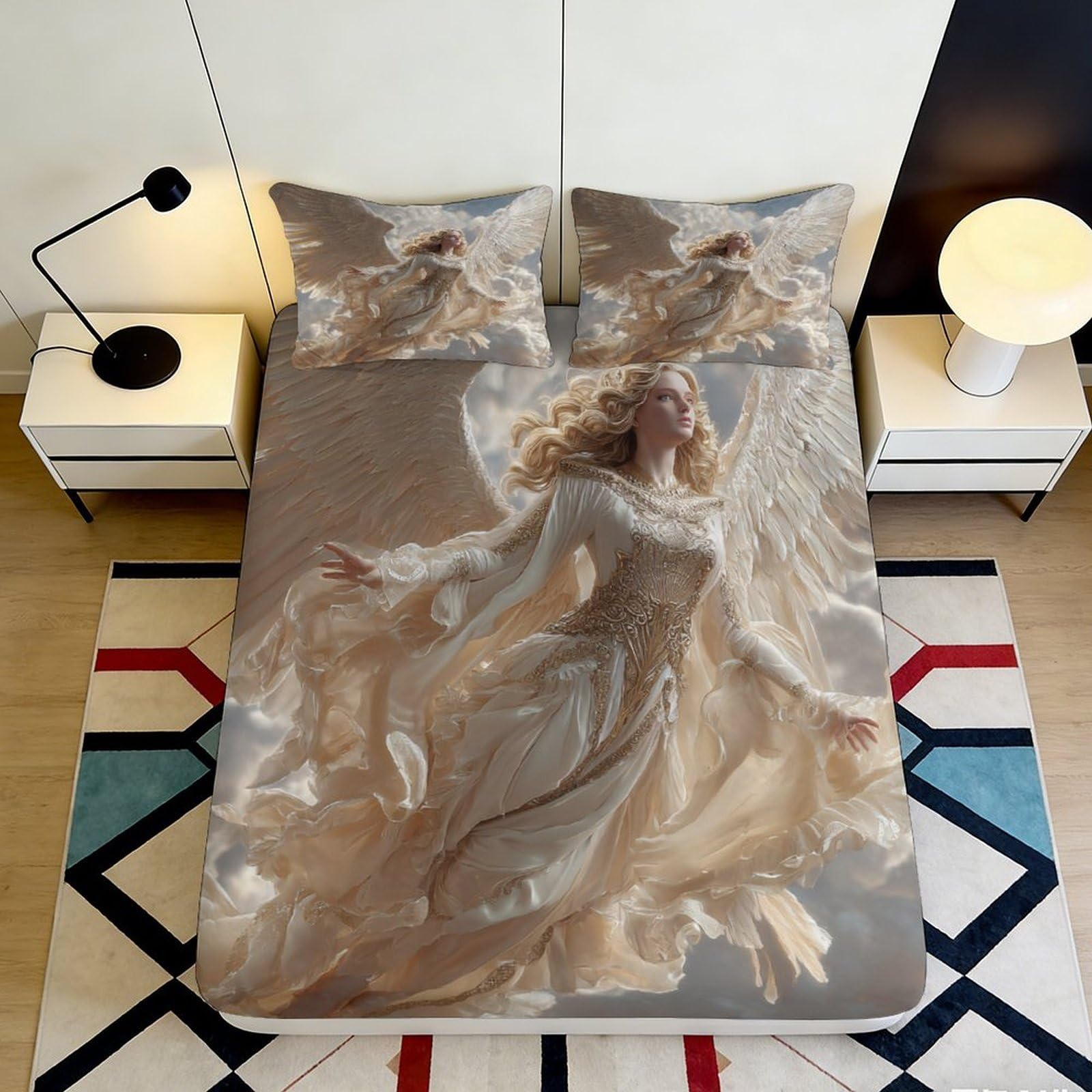 3D Printed Angel Wings Fitted Sheet Microfiber Soft Breathable Heavenly Design Bed Cover for Bedroom Dormitory Guest Room Mattress Protection 180x200x25cm