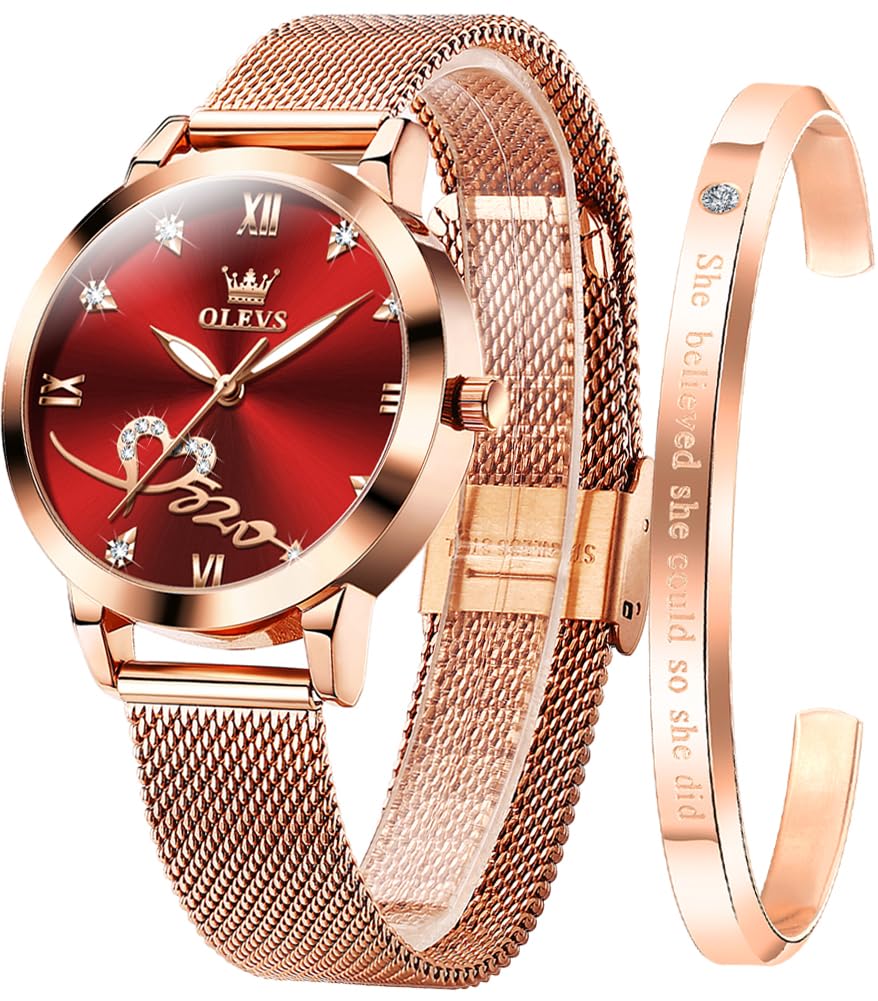 OLEVS Damenuhr Roségold mit Herz Diamant Quarz Armbanduhr Wasserdicht Gürtel Armreif Set