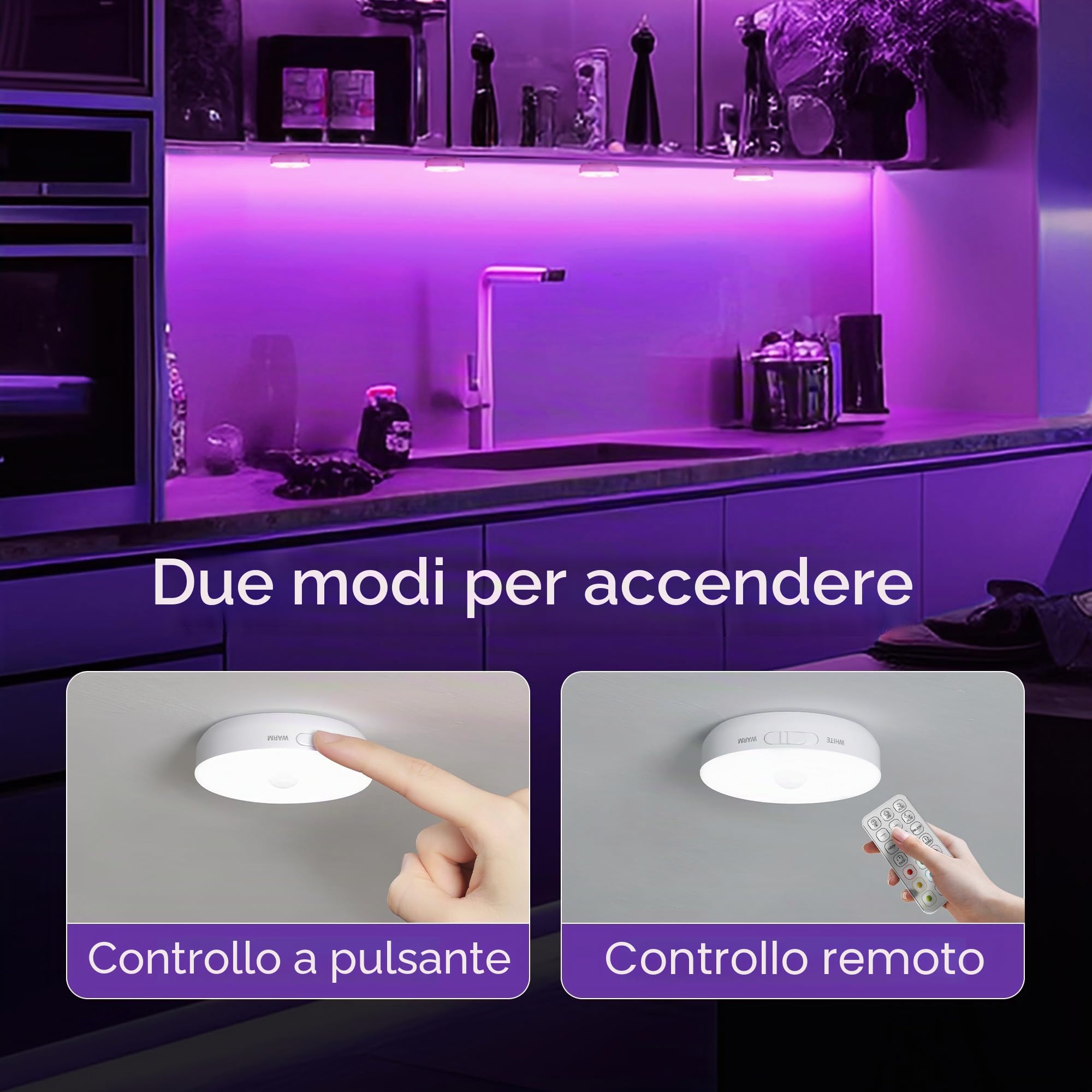 Homelist NL4 Luci LED RGB per vetrine con telecomando, 6 pezzi | Luci notturne ricaricabili con sensore di movimento per scale, cucine, camere da letto e bagni