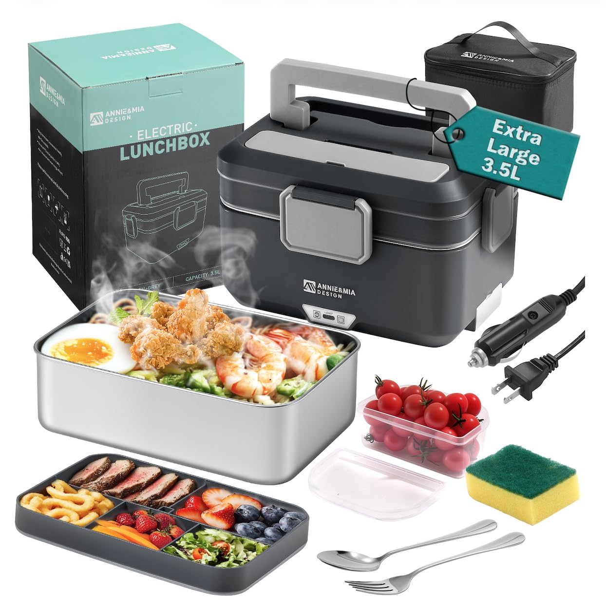Annie Mia Design Electric Lunch Box for Adults 100w 3 5L 2-Layer Portable Food Warmer Dual Mode 2