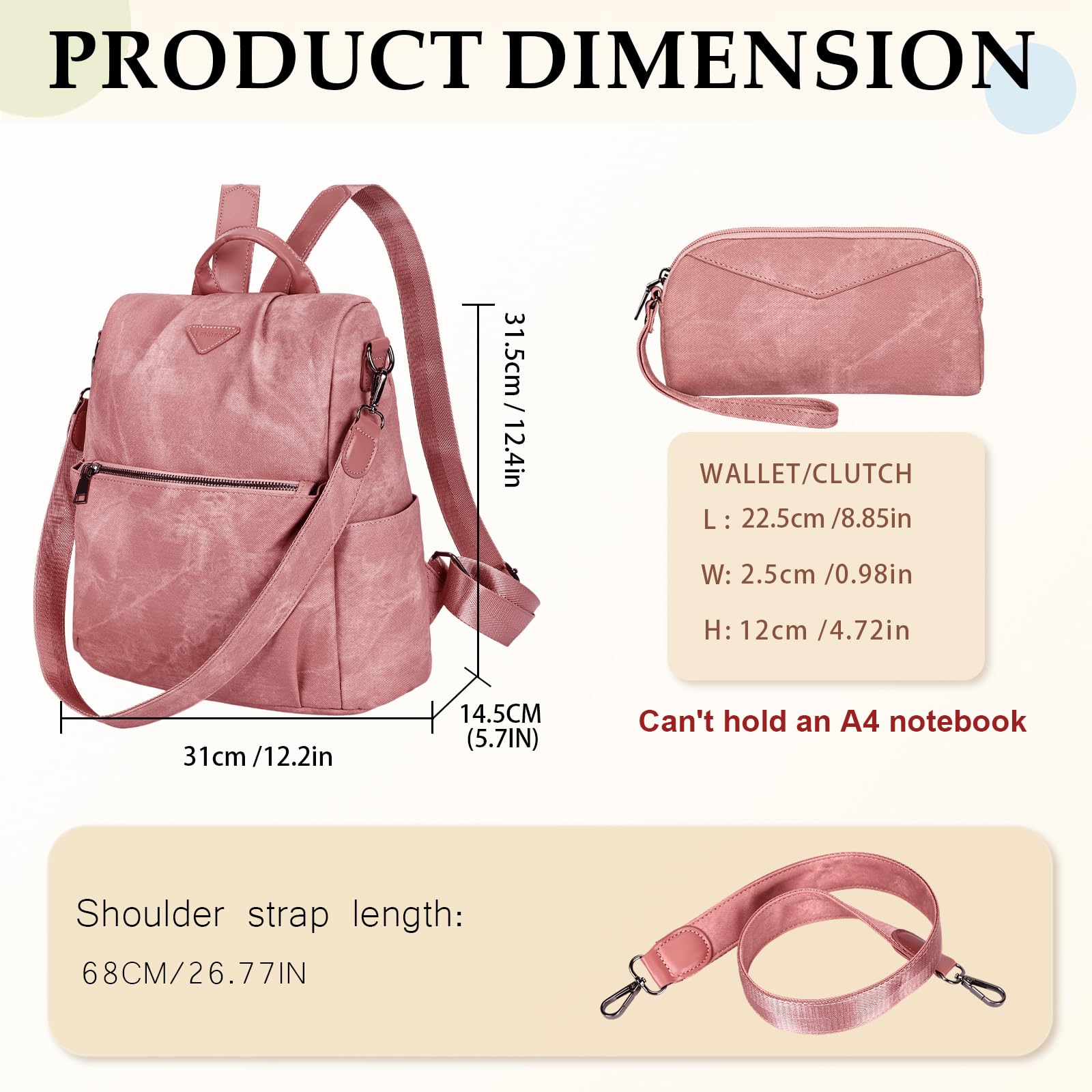 Leathario Zaino Da Donna Antifurto e a Prova di Spruzzi, Zainetto Multifunzionale in Pelle Vegana, Borsa Casual ed Moda per Viaggio, Scuola, Lavoro, Shopping, Visite e Università Rosa