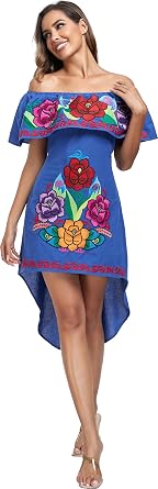 YZXDORWJ Women's Mexican Asymmetrical Dress Embroidered Floral Off-Shoulder Cocktail Latina Fiesta Dress