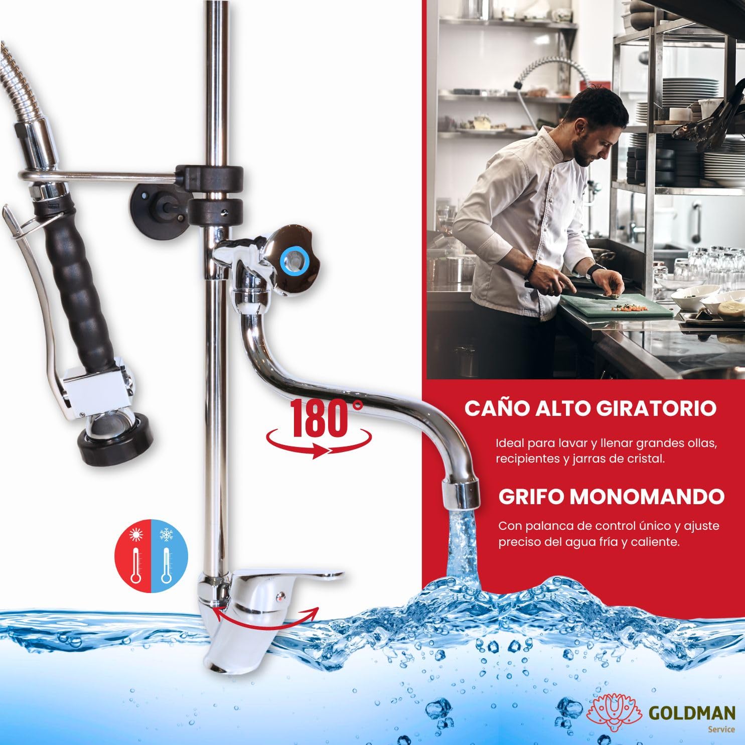 GOLDMAN SERVICE Grifo Industrial Extensible Rociador Ducha de Fregadero de Cocina Hostelería Negra