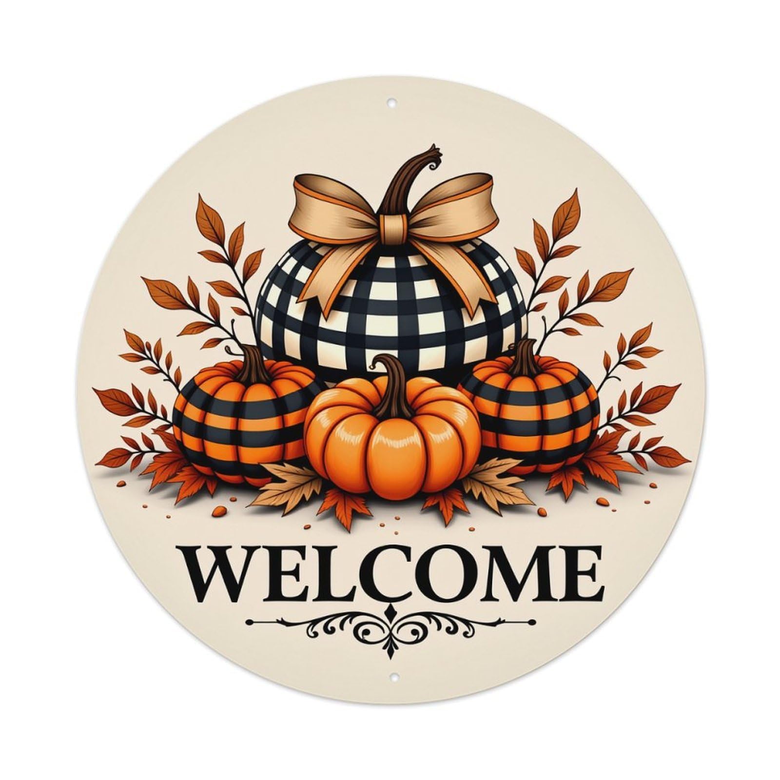 Pumpkin Plaid Autumn Leaves Welcome Round Tin Sign Retro Metal Sign for Cafe Bar Pub Home Game Room Gym Club Wall Decoration Vintage Metal Poster 8x8 Inch