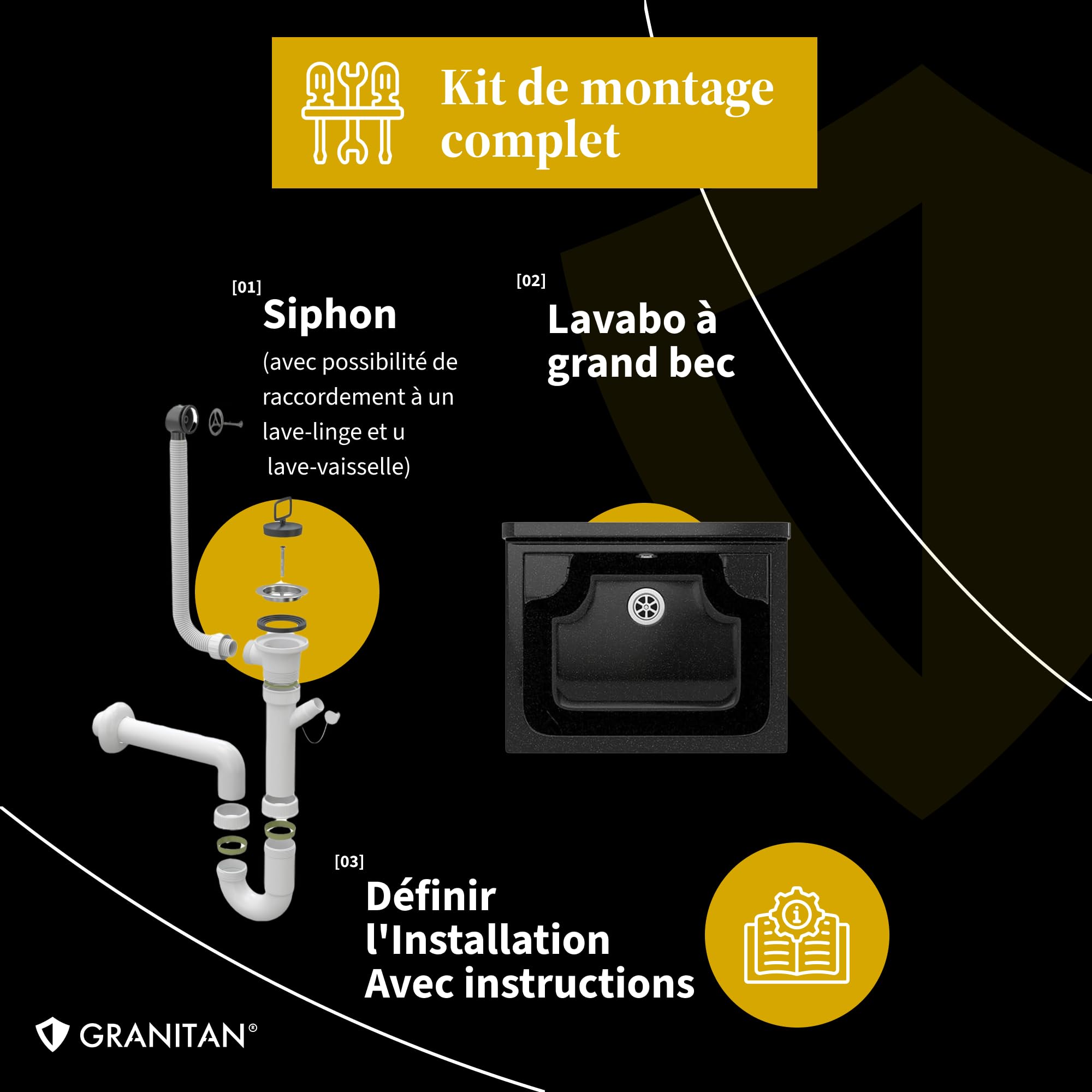 Évier extérieur Buanderie Lavabo extérieur siphon polypropylène noir GRANITAN