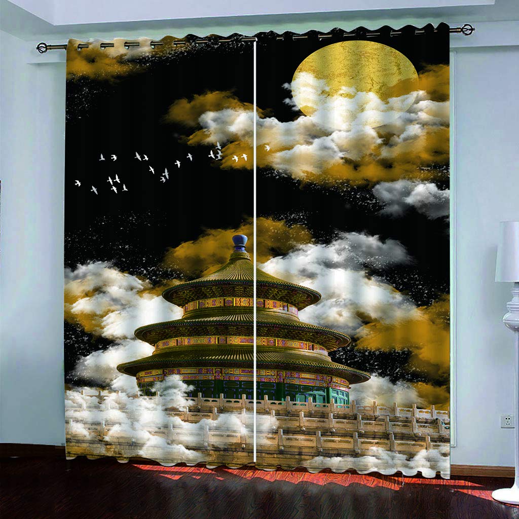 Rideaux Salon Voilage Occultant Thermiques 3D Architecture Classique avec Nuages Blancs Rideau Salon Design Moderne Chambre Enfant Bebe Fille 280x260Cm Polyester Fenetres Occultants Isolant Lot De 2