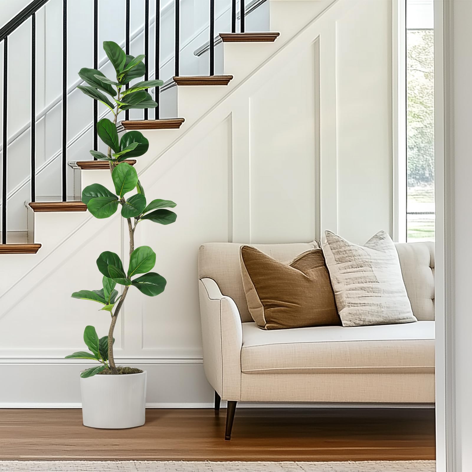 Higuera artificial de hoja de violín, planta falsa de 5 pies con maceta blanca y tronco de madera natural para decoración del hogar u oficina, plantas artificiales de interior