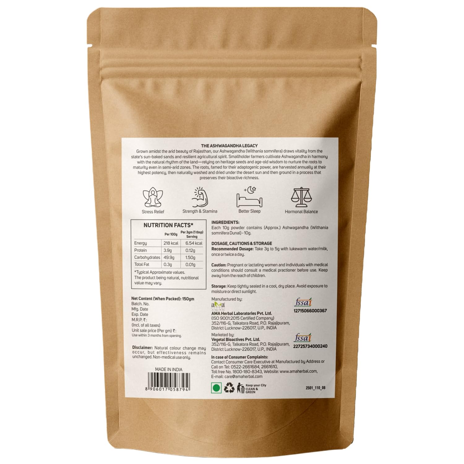 Vegetal Ashwagandha Churna | 150g | 100% Organic | Stress Relief, Strength & Stamina, Better Sleep & Hormonal Balance | No Preservatives or Artificial Colors | From Rajasthan’s Semi-Arid Soils — Amazon image 2